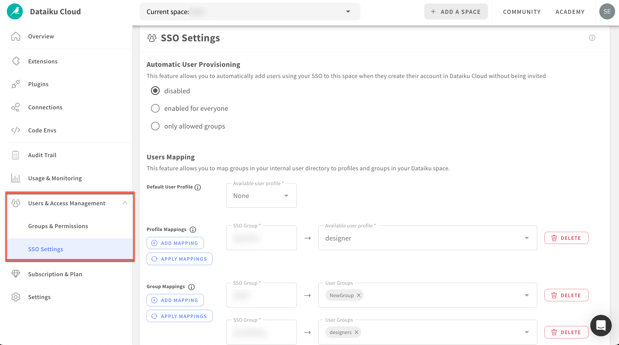 Dataiku screenshot of SSO settings.