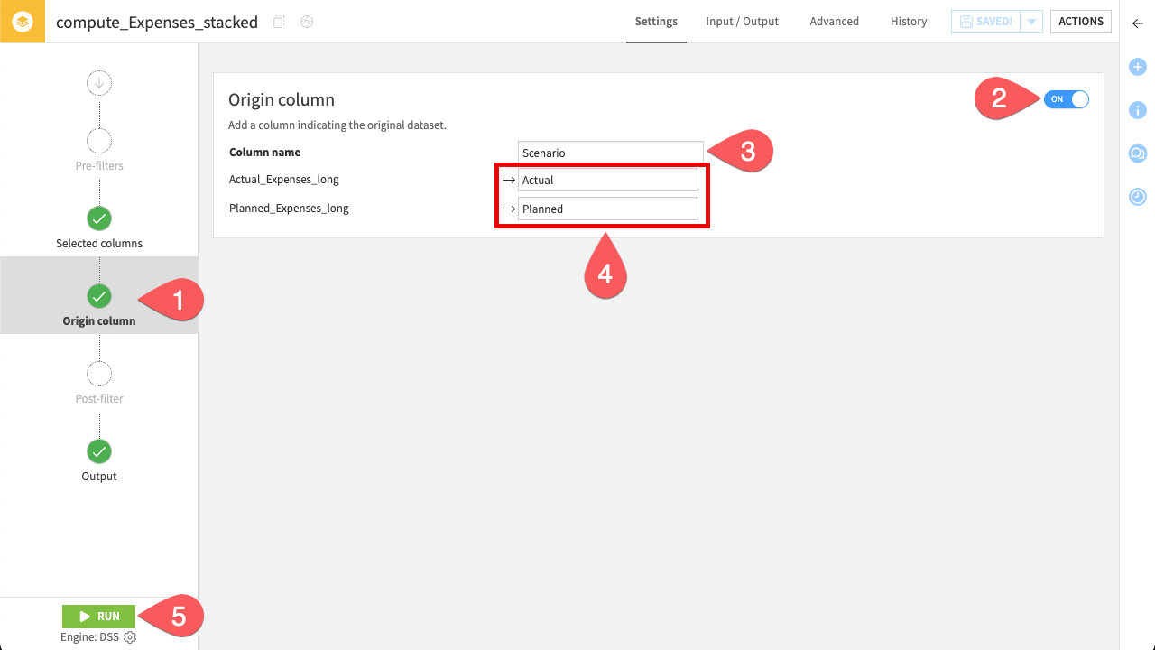 Dataiku screenshot showing how to configure a Stack recipe.
