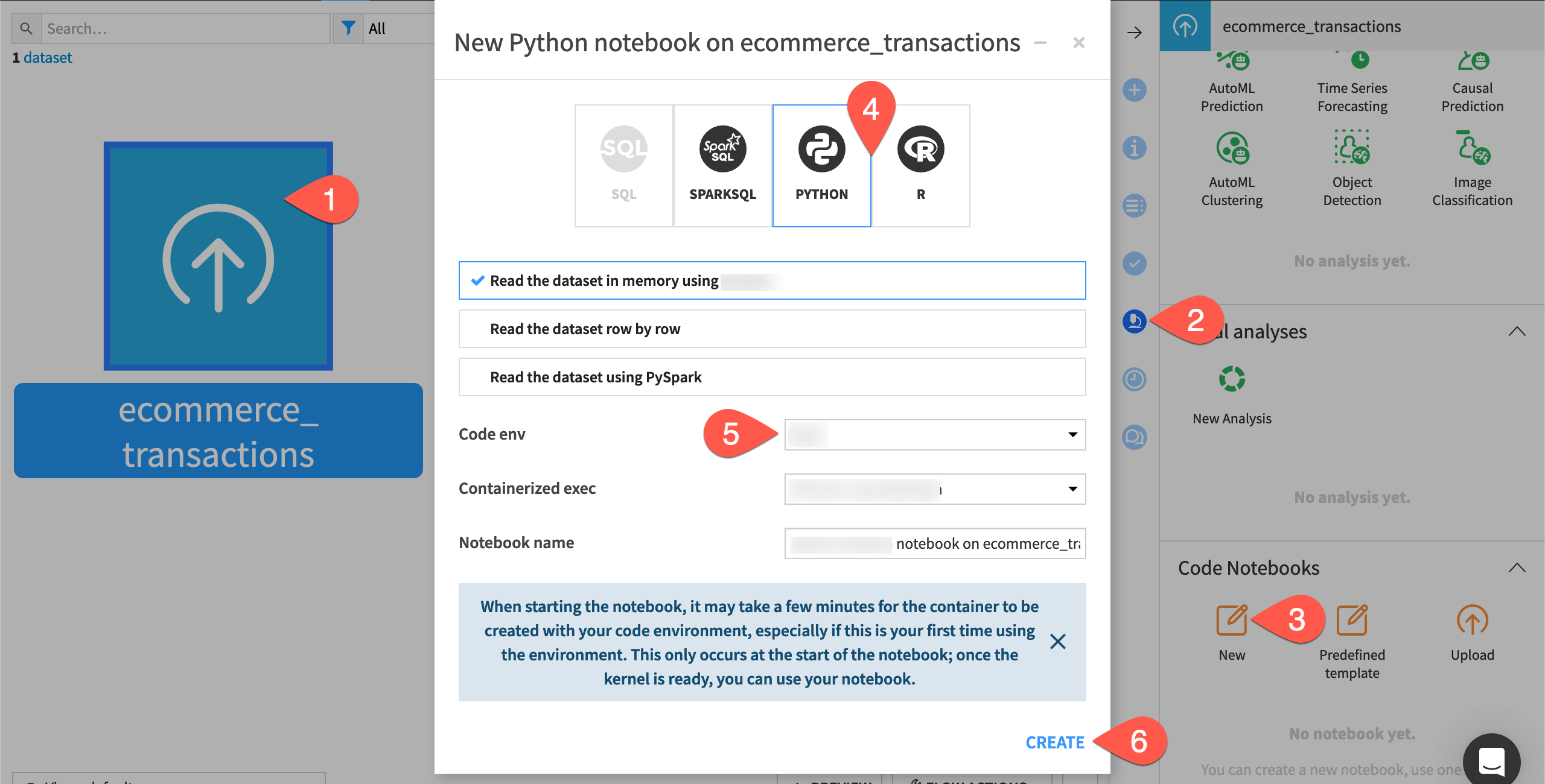 Dataiku screenshot of the dialog for a new notebook.