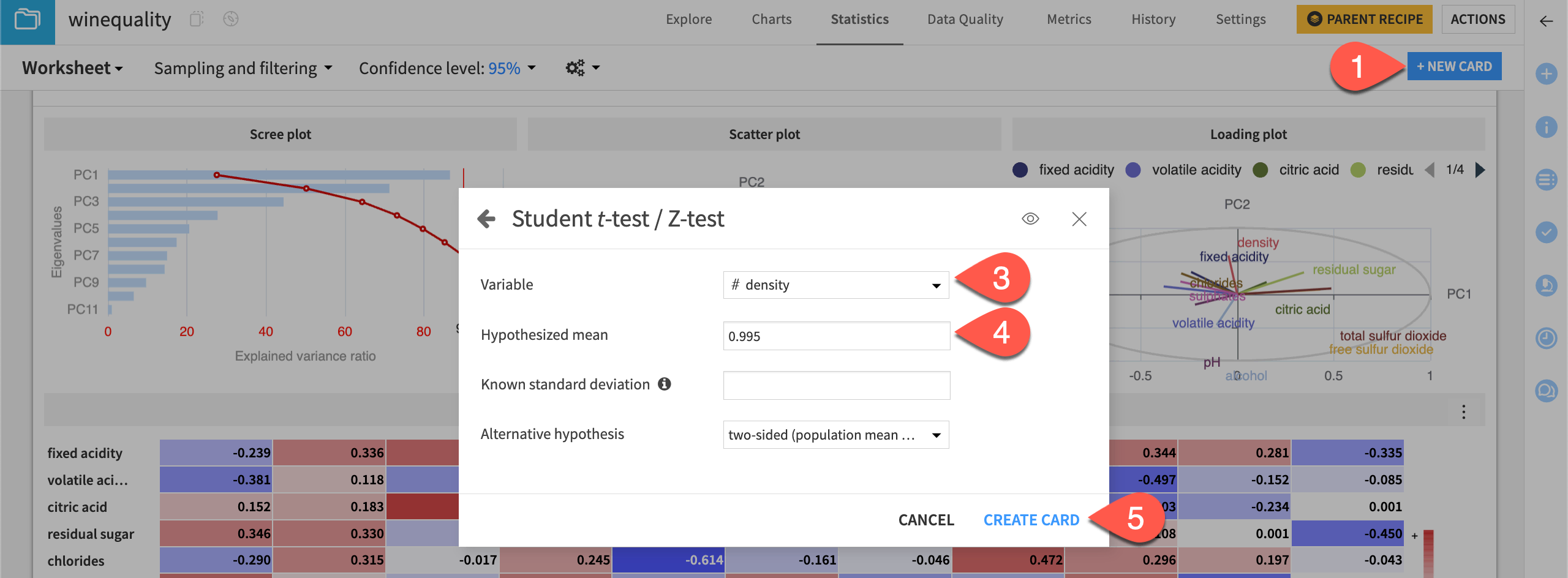 Dataiku screenshot of the dialog to create a PCA card.
