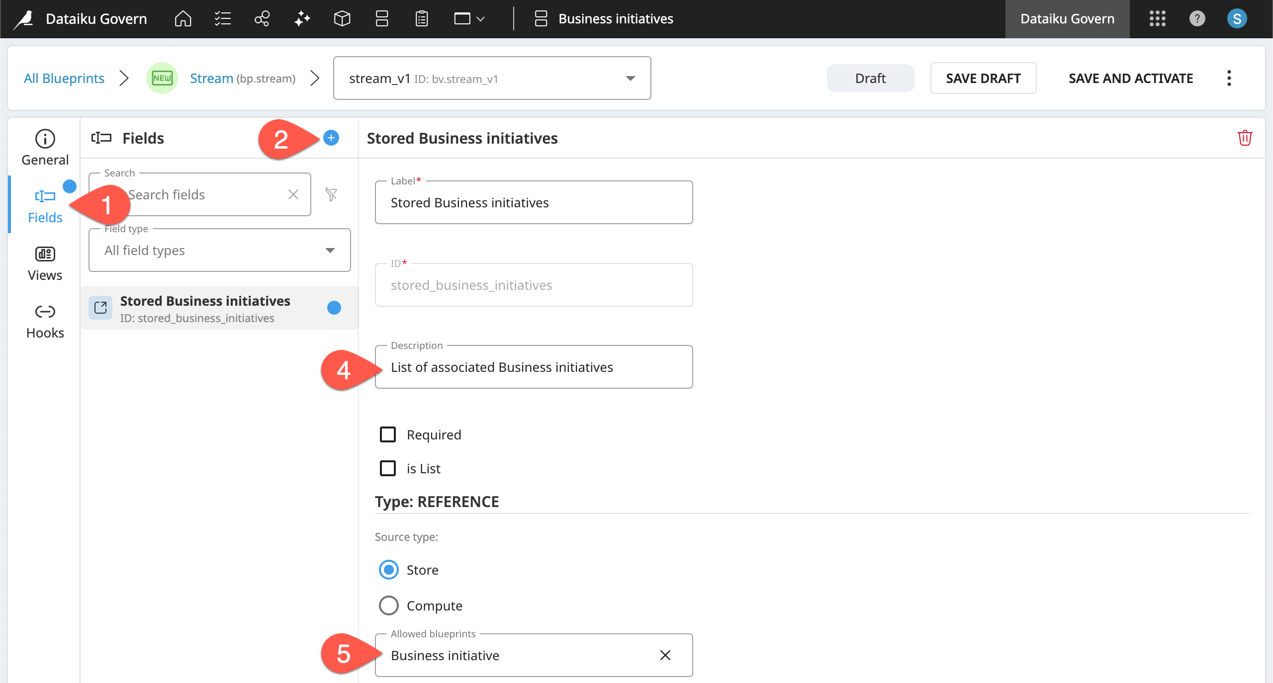 Dataiku screenshot of a stored reference field.