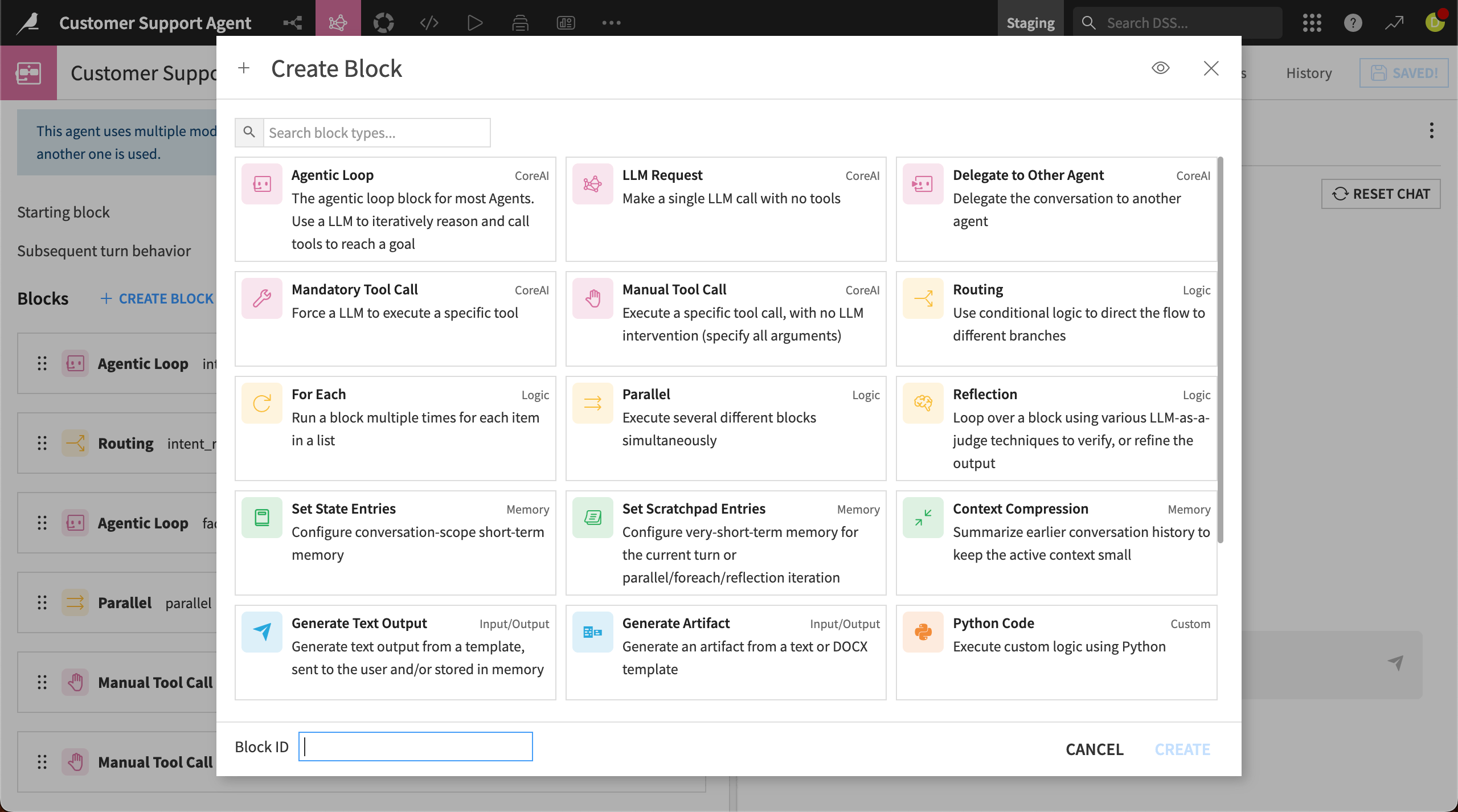 Dataiku screenshot of the available blocks when building a Structured Visual Agent.
