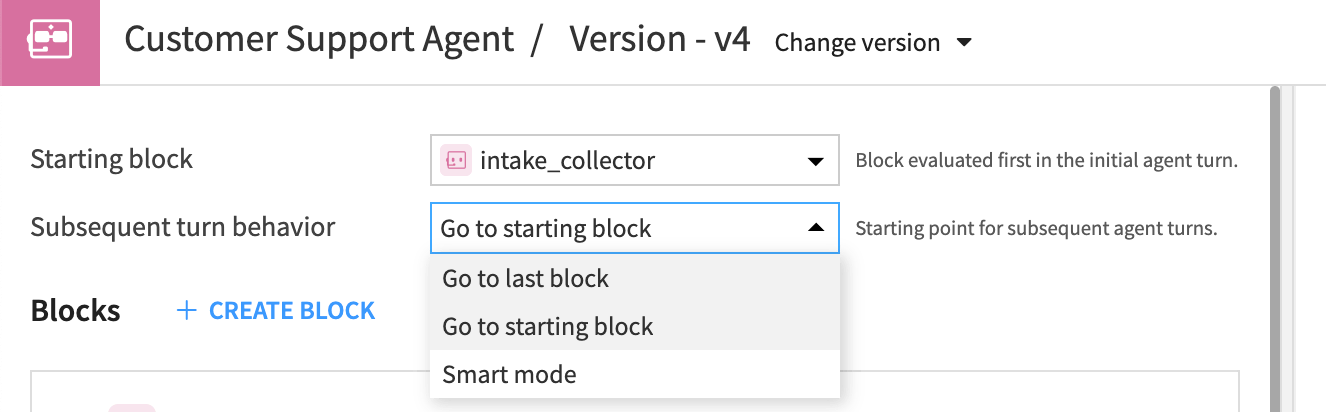 Dataiku screenshot showing the workflow options in a structured agent.