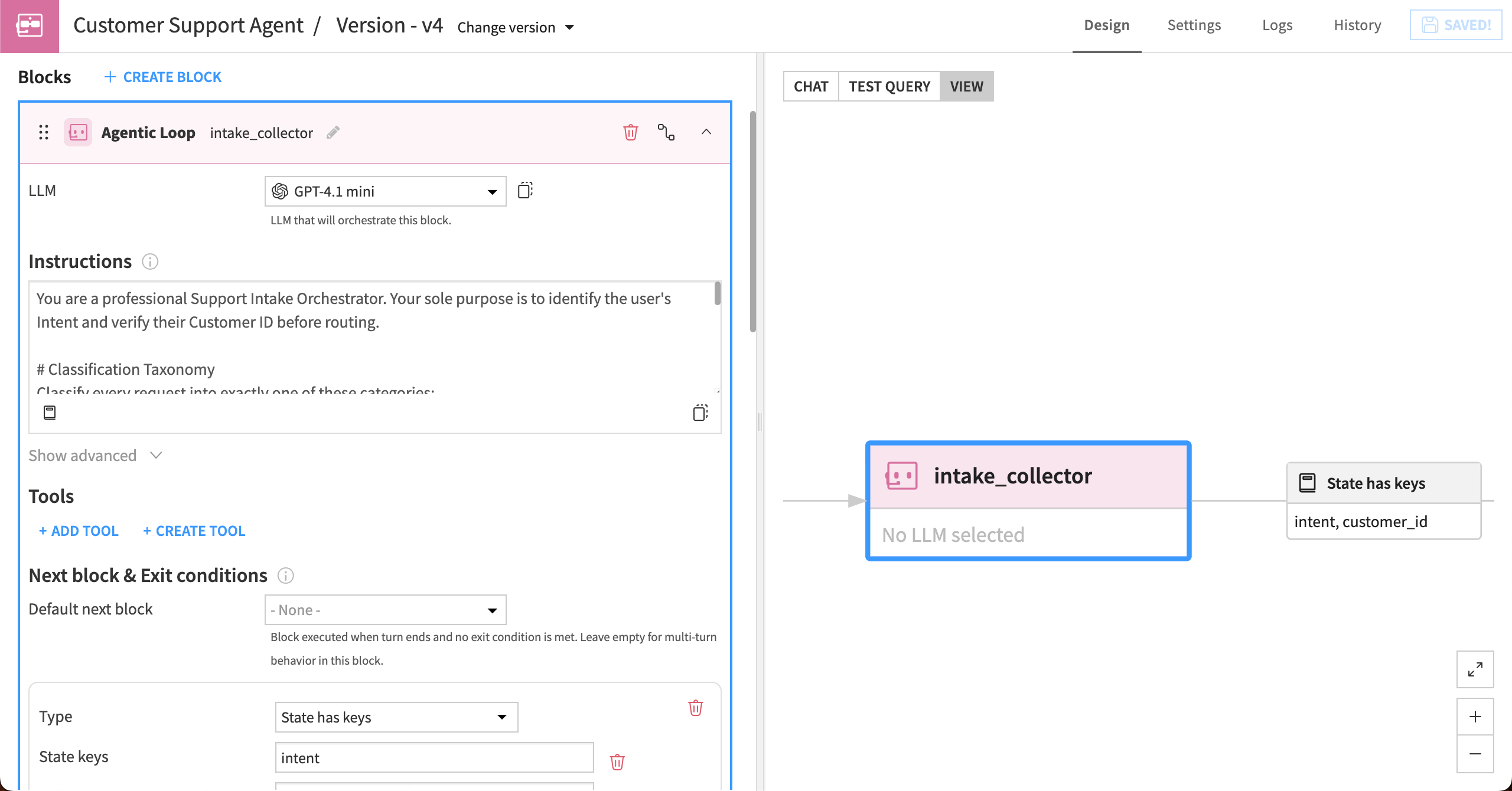 Dataiku screenshot showing details of an Agentic Loop block that intakes customer requests.