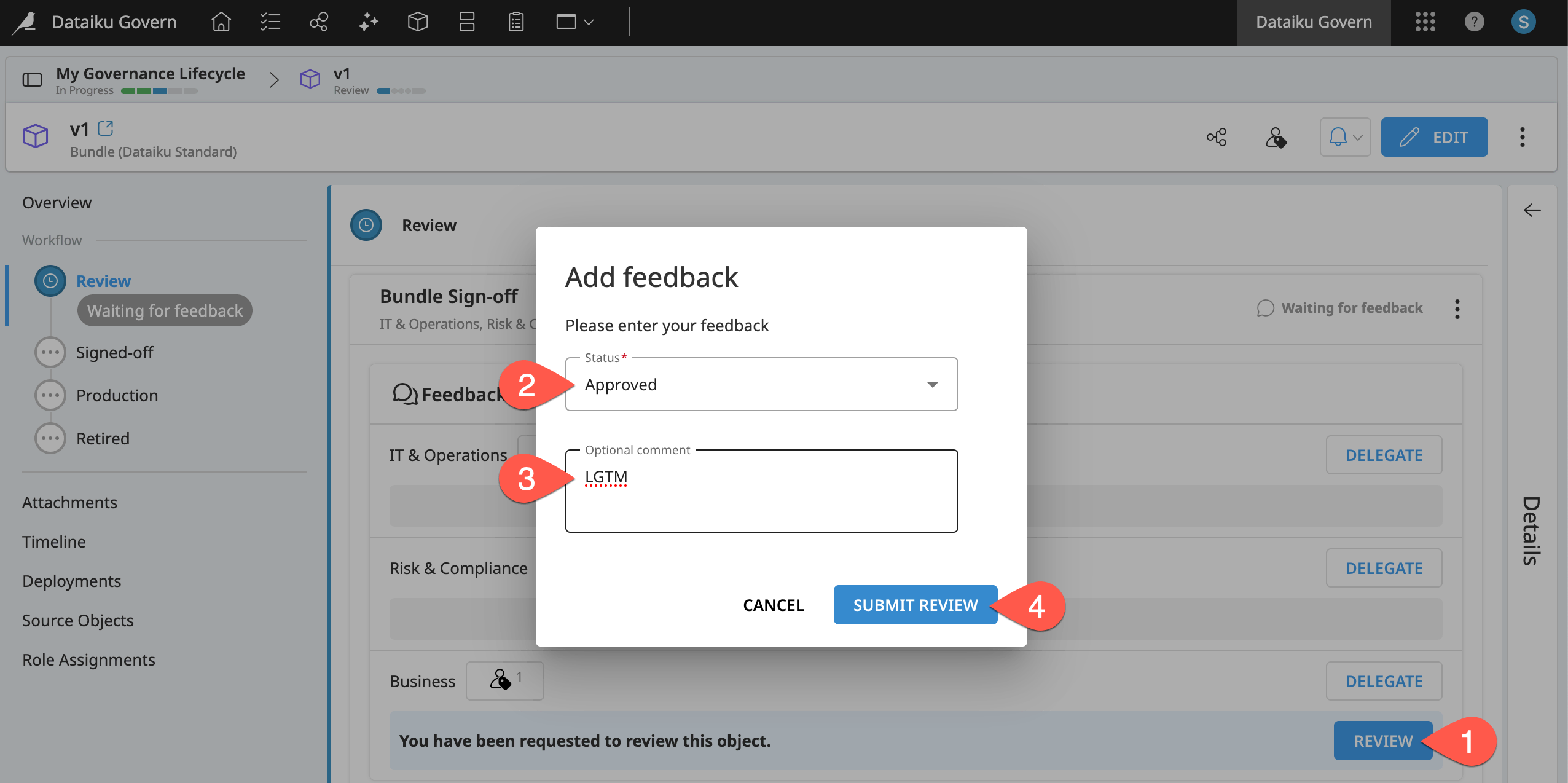 Dataiku screenshot of the dialog for submitting a review.