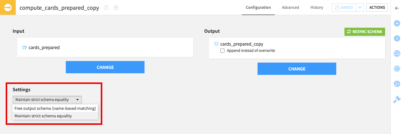 Dataiku screenshot of the Sync recipe settings page.