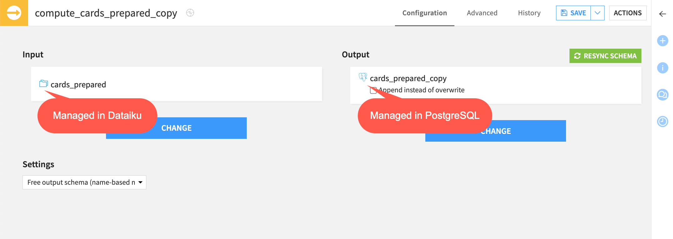 Dataiku screenshot of the Sync recipe configuration page.