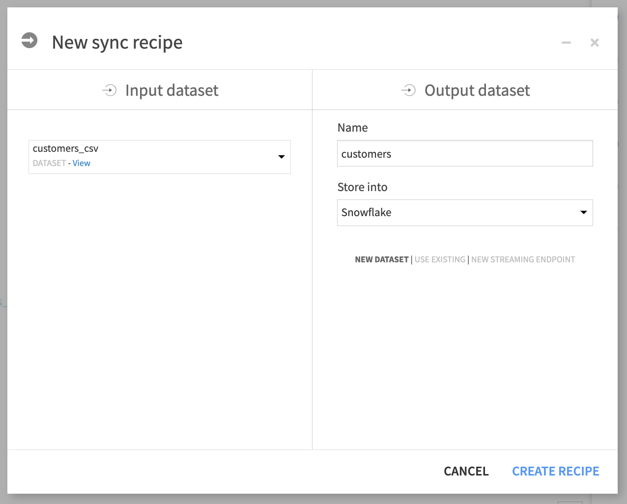 New Sync recipe info window storing data into an SQL connection.