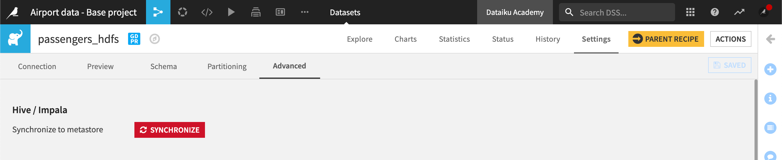 Force synchronization of an HDFS dataset to the Dataiku metastore catalog.