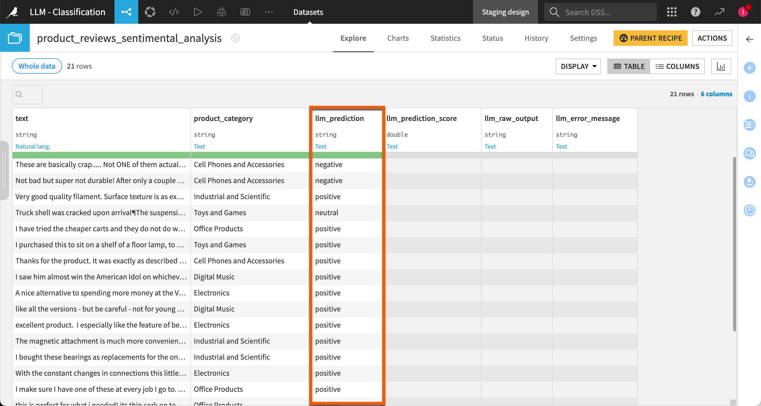Screenshot of an output dataset when using task-specific classes.