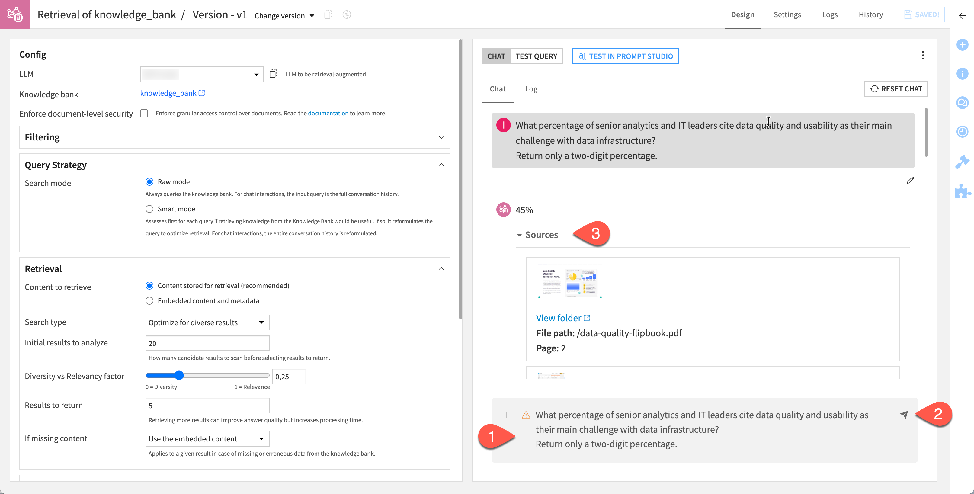 Dataiku screenshot of the chat section used to test the augmented LLM.