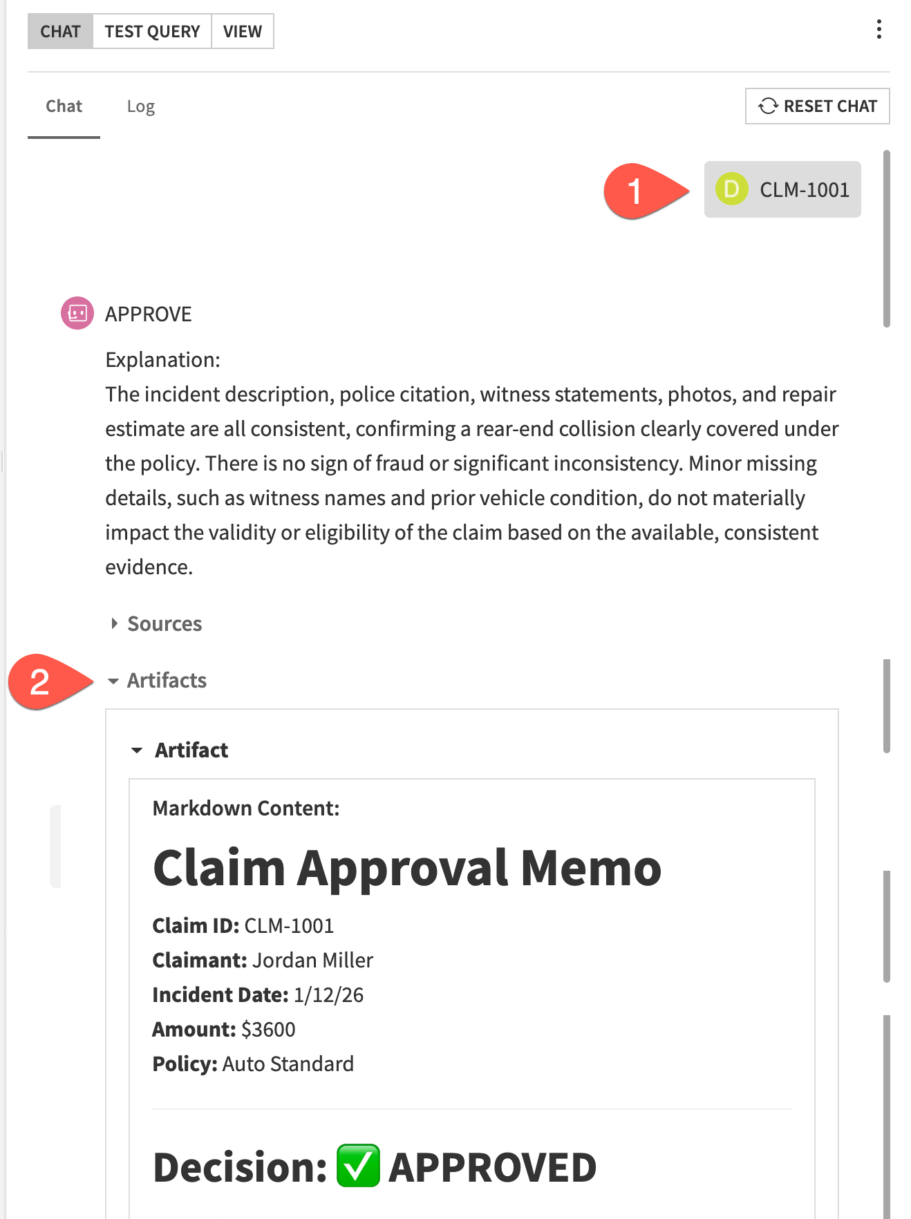 Dataiku screenshot showing a chat with output from the completed agent.