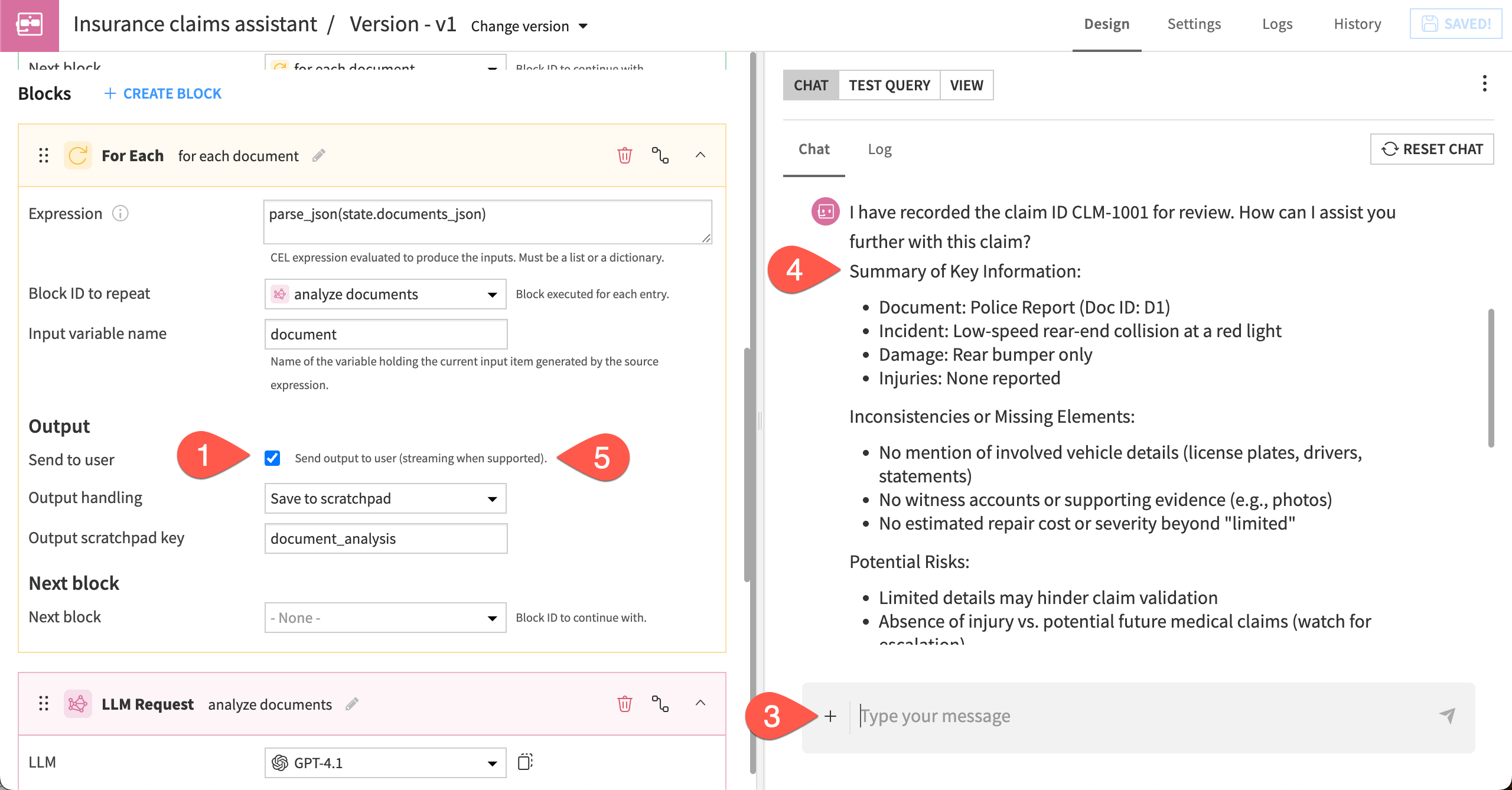 Dataiku screenshot showing a test of the For Each and LLM Request blocks.