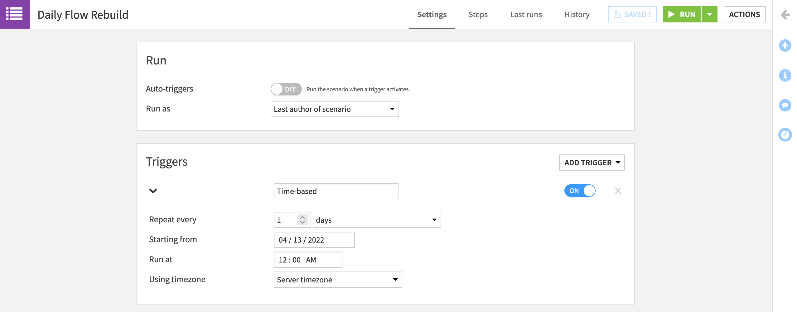 Dataiku screenshot of a time-based trigger in the Scenario.