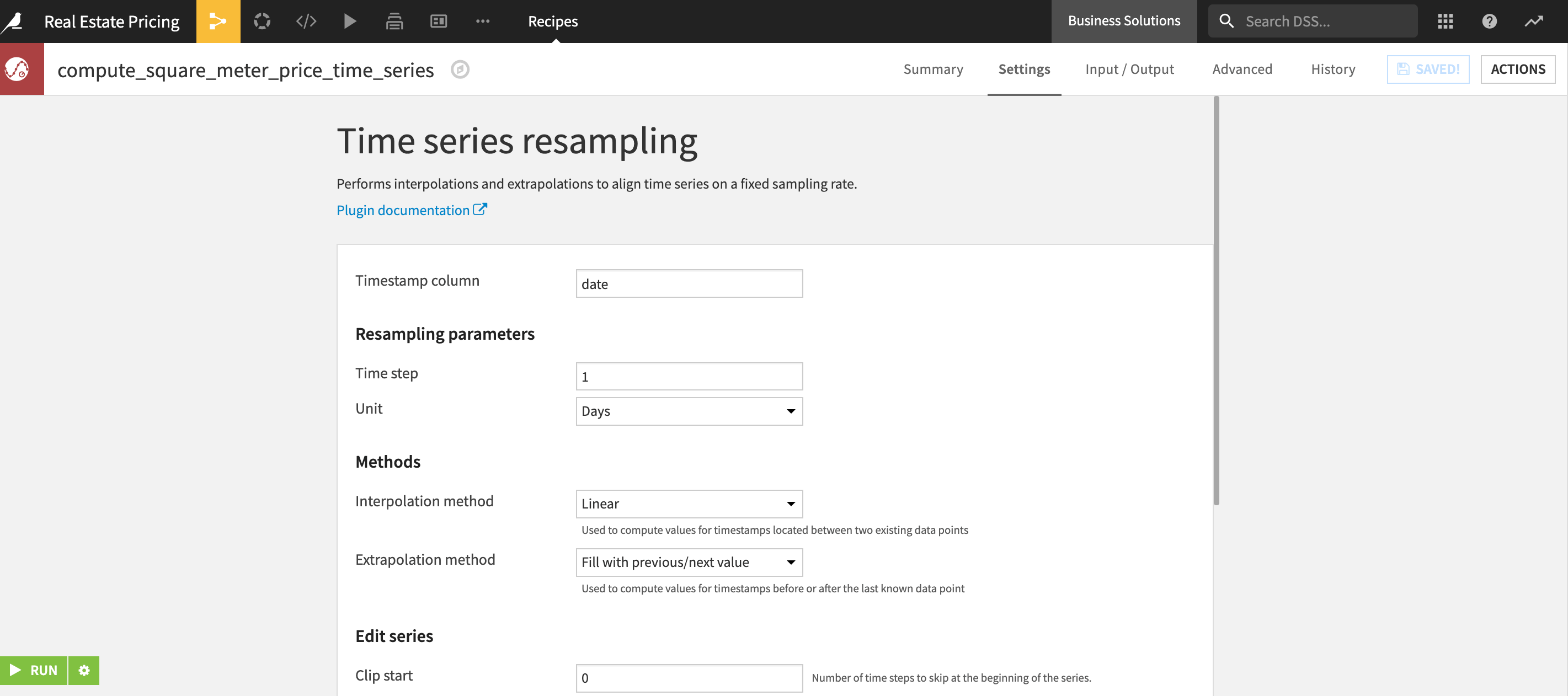 Dataiku screenshot of the time series preparation plugin in use.