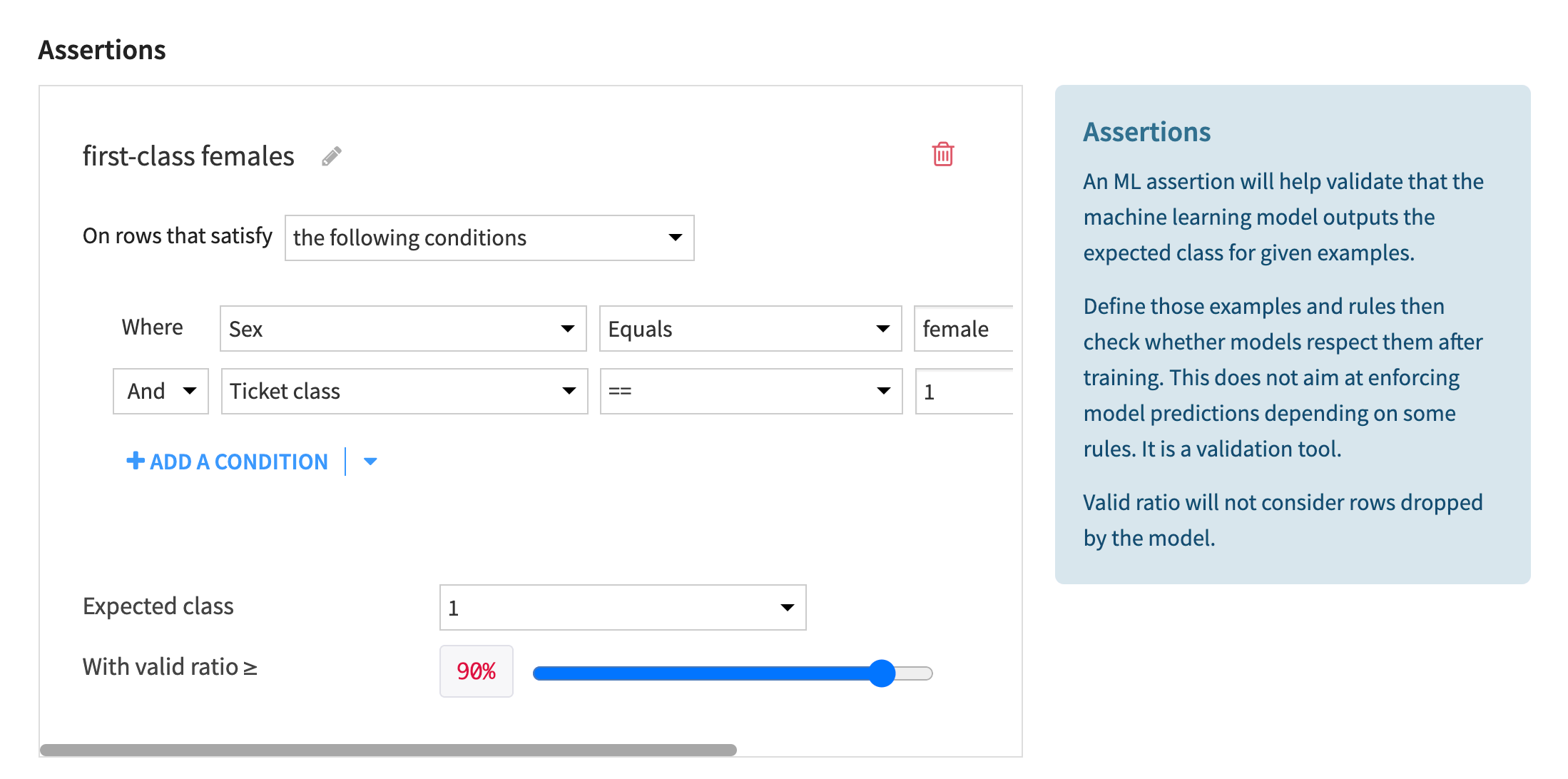 A screenshot of a model assertion that checks that first class females are assigned class 1 with a 90 percent threshold.