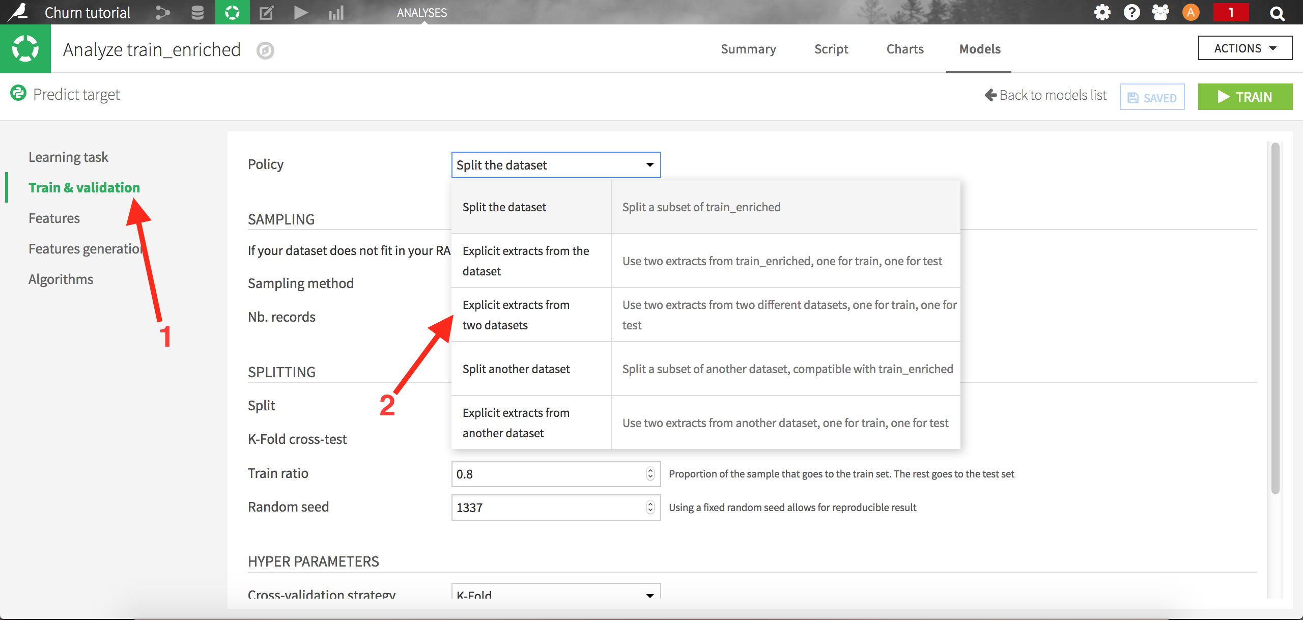 "Screenshot of the train and validate page with 2nd arrow on explicit extracts from two datasets"