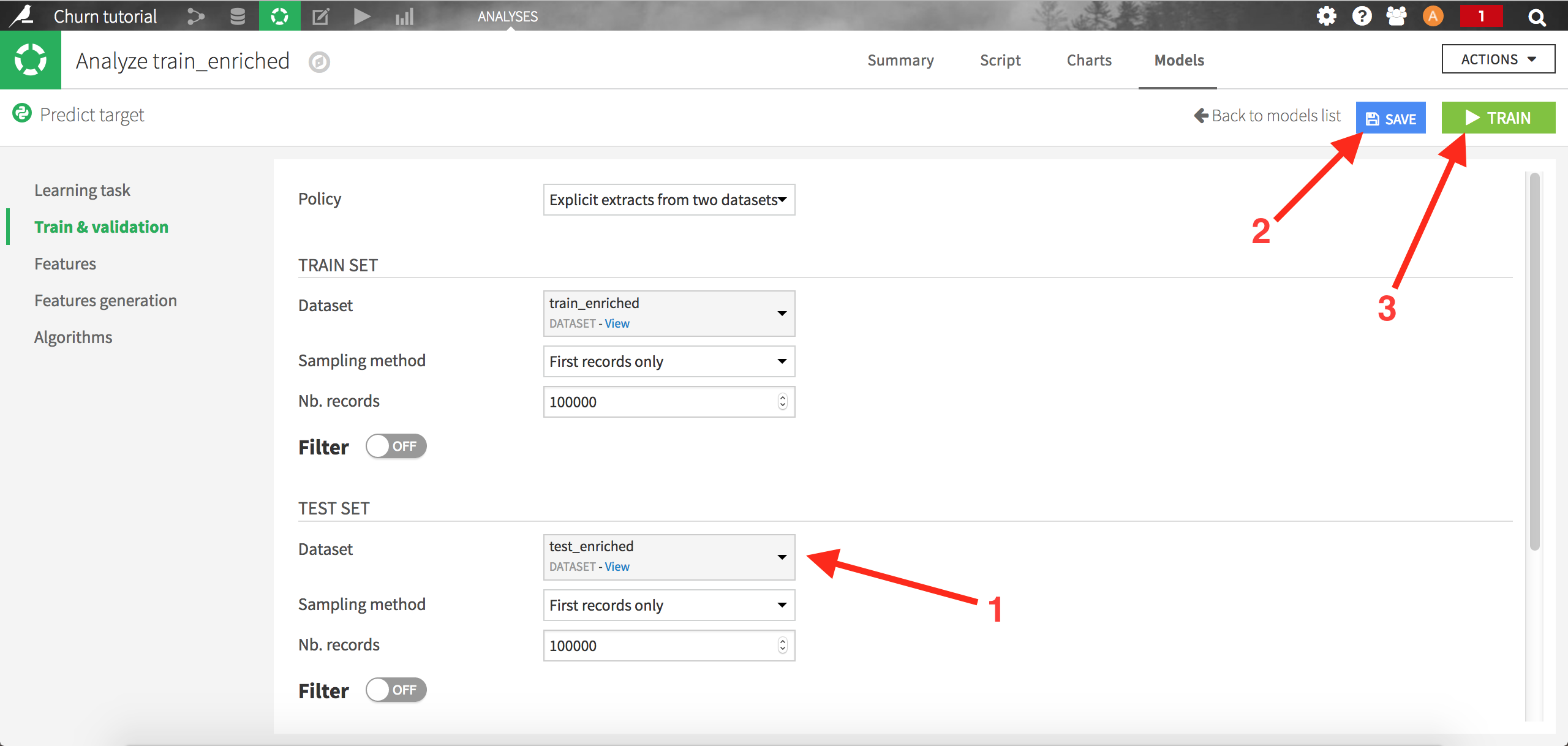 "Screenshot of the train and validate page, 1: dataset is test_enriched, 2: save, 3: train"