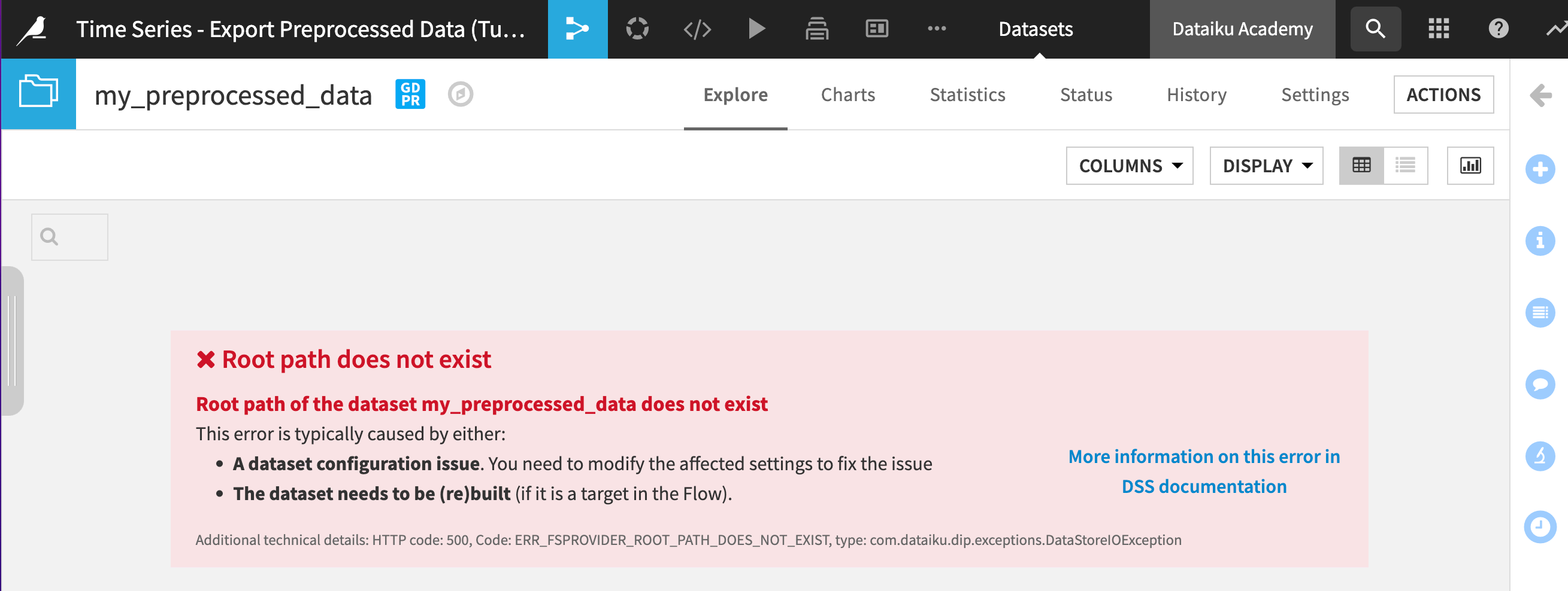 Root path error when opening the empty dataset.