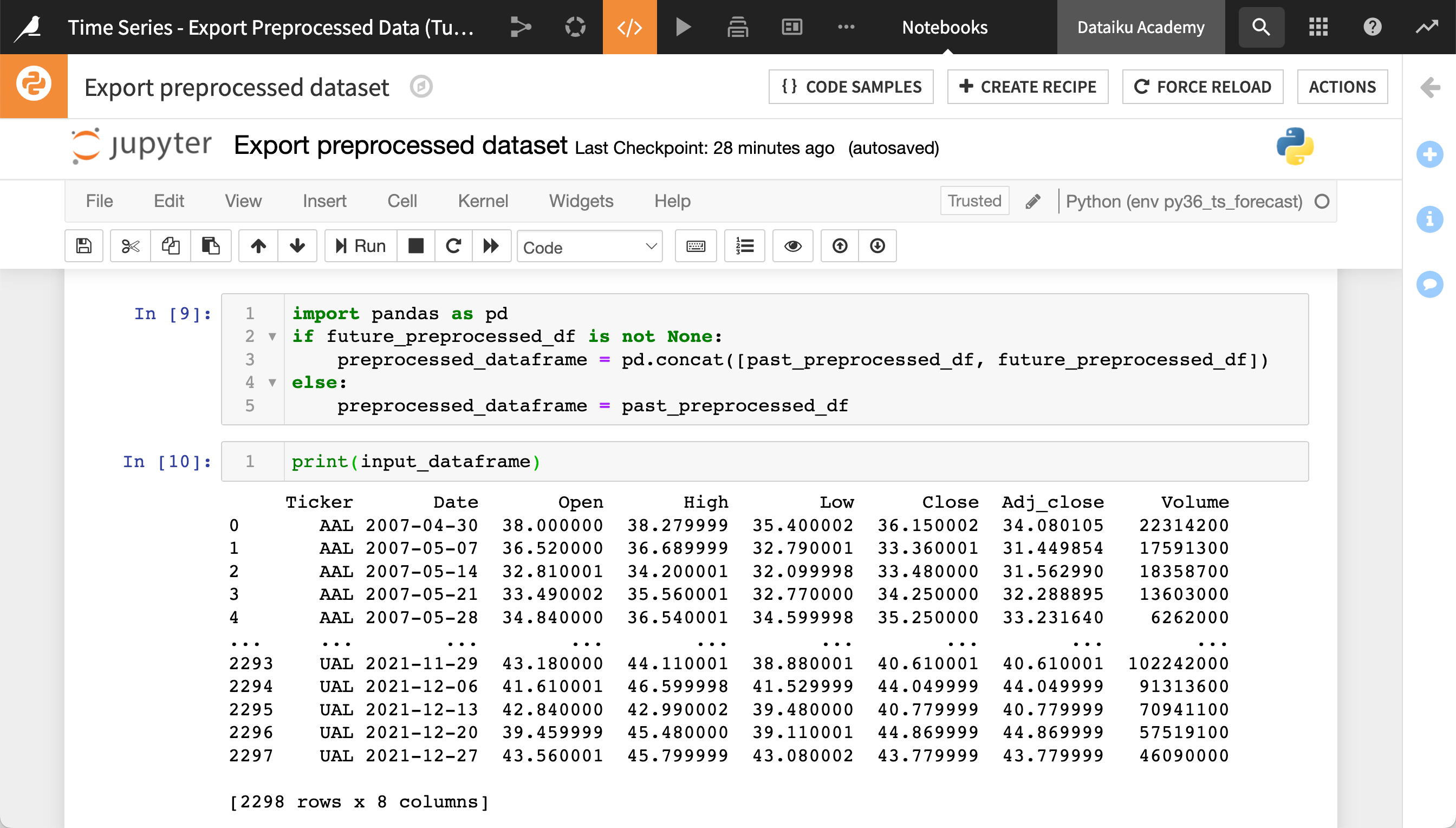 Printing the preprocessed data in a cell in a Jupyter notebook.