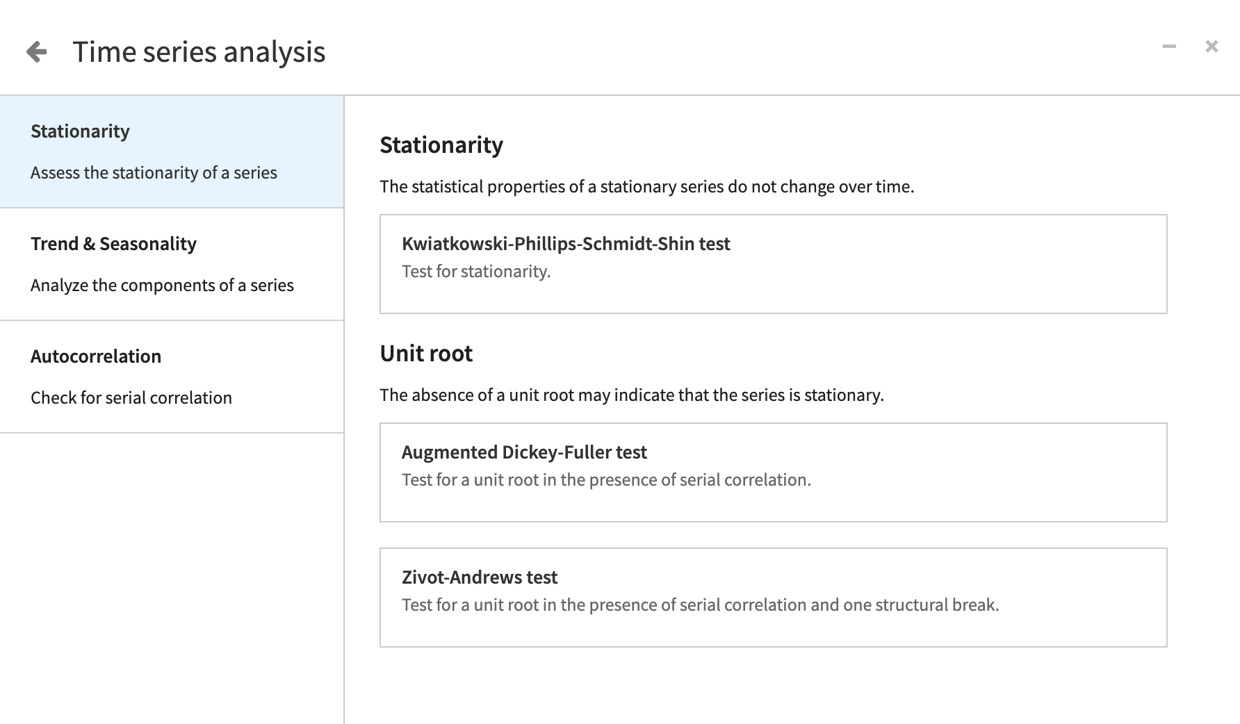 An image of two charts side-by-side. The first chart shows stationary data that represents random white noise values over time. The second chart shows non-stationary data that trends upward or increases over time.