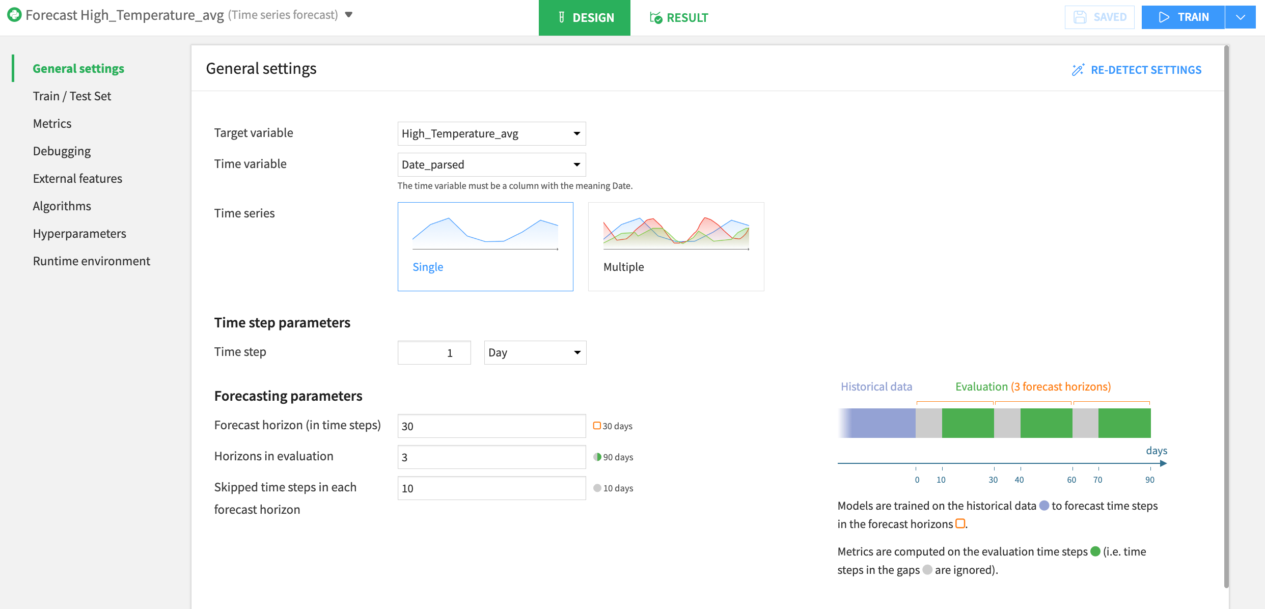 Dataiku screenshot of the general settings page in model design with the parameters filled in.