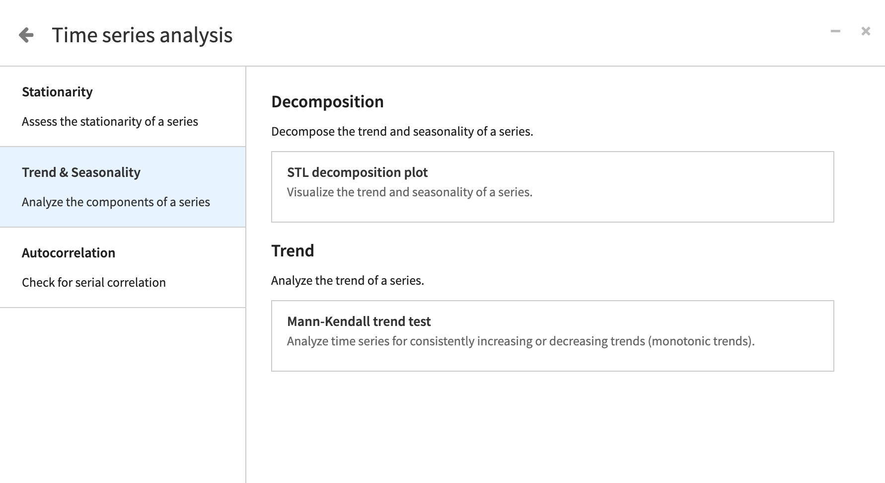 Dataiku screenshot of trend and seasonality statistical tests.