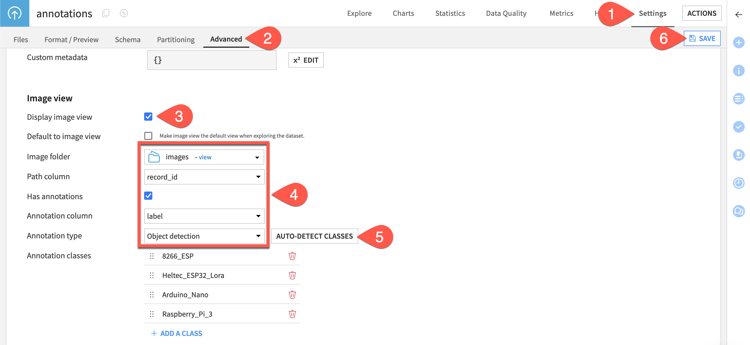Screenshot showing the dataset advanced settings where you can turn on image view.