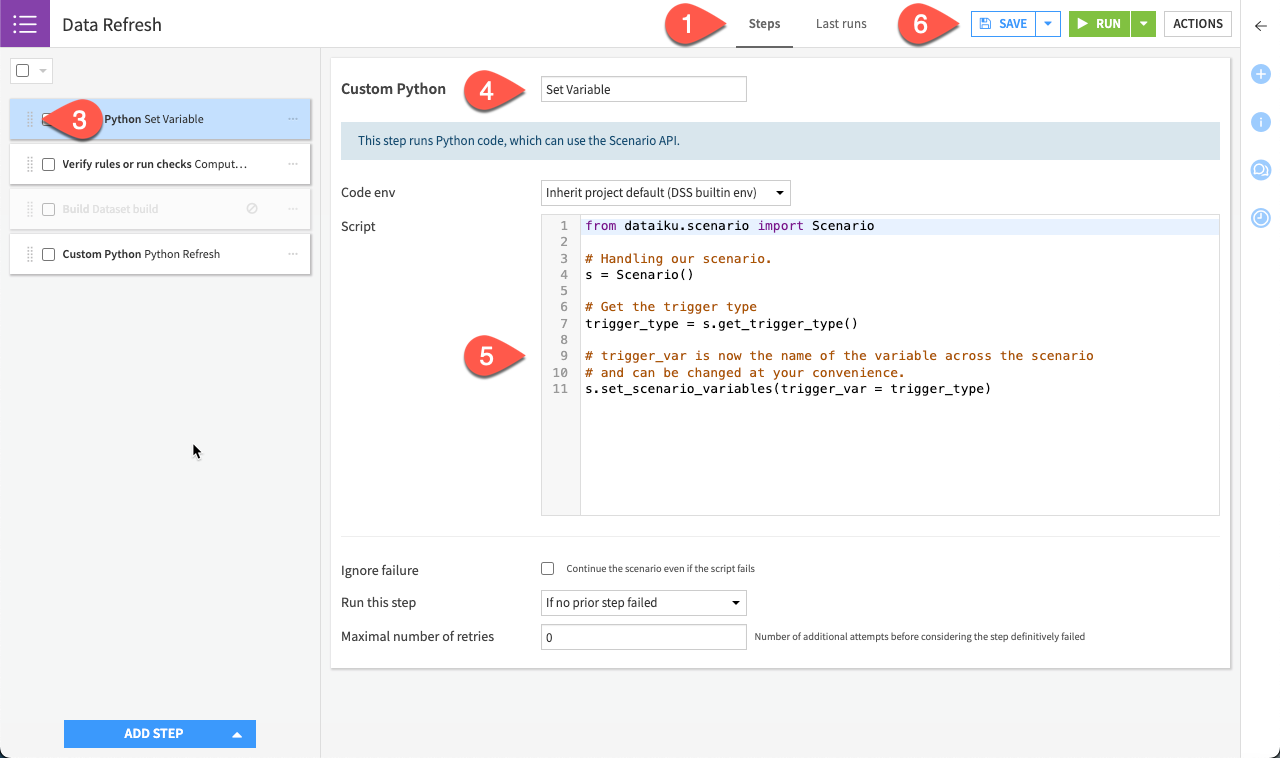 Dataiku screenshot of custom scenario variable creation.