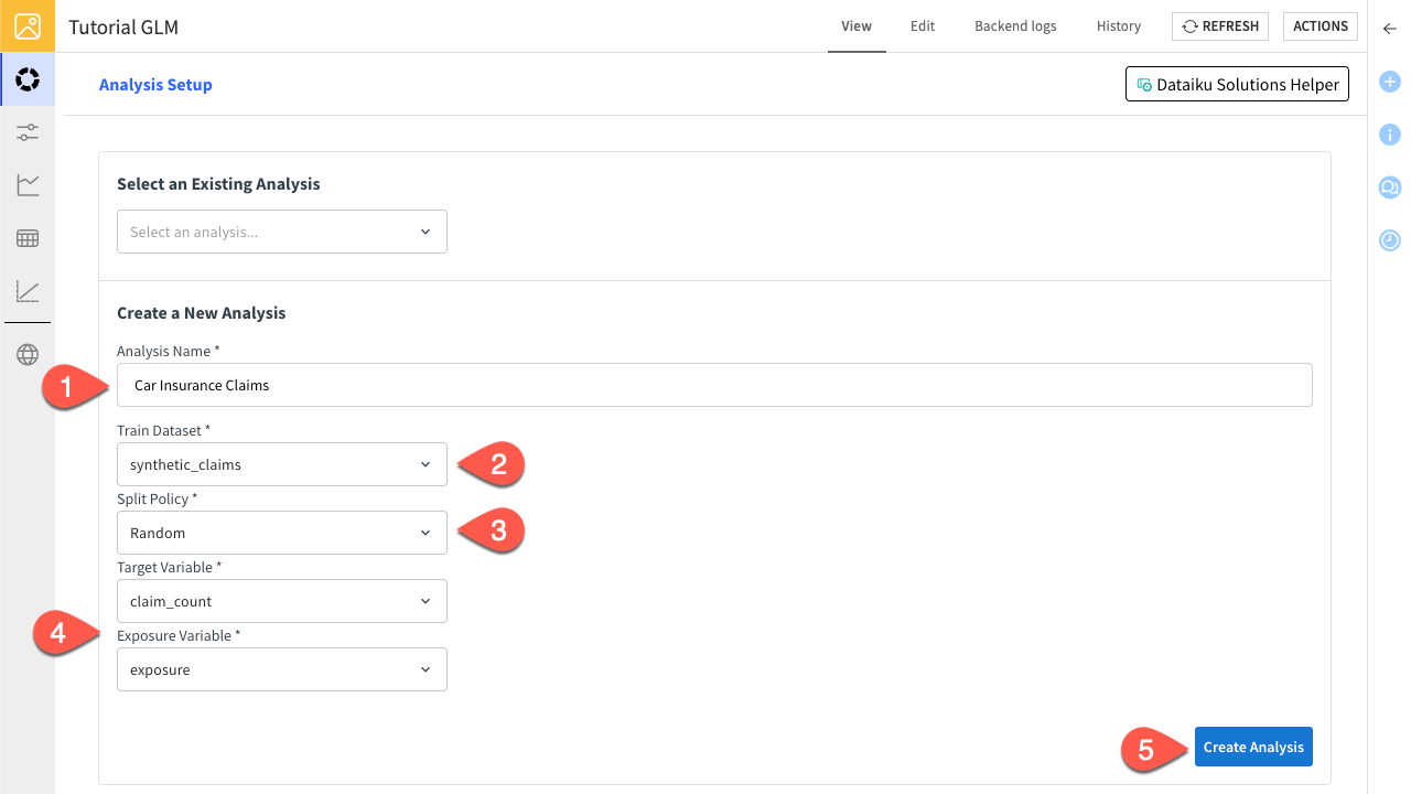 Dataiku screenshot of the GLM analysis creation.