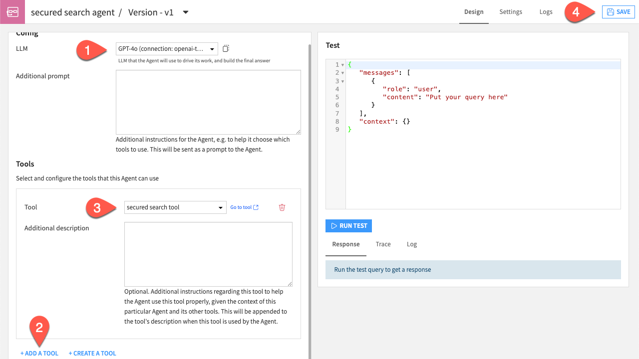 Dataiku screenshot of the agent configuration.