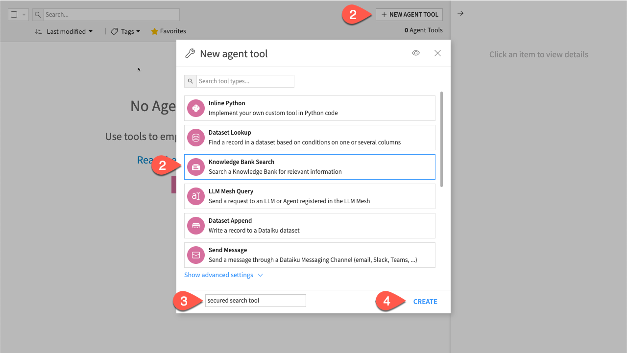 Dataiku screenshot of the agent tool creation.