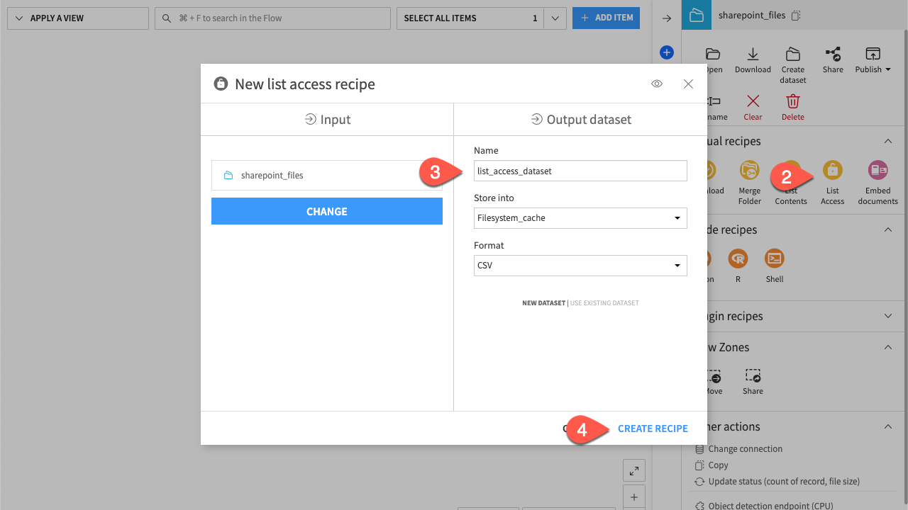 Dataiku screenshot of list access recipe creation.