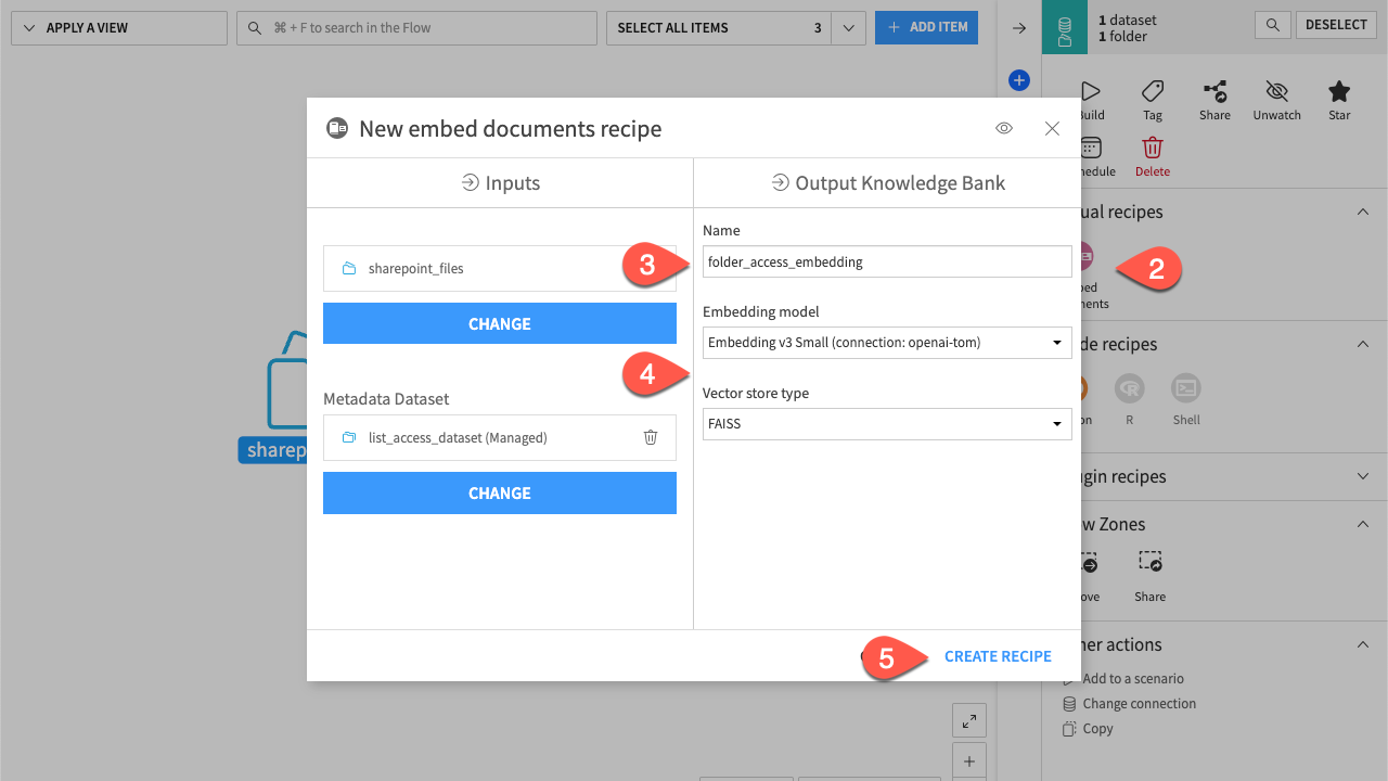 Dataiku screenshot of embed documents recipe creation.