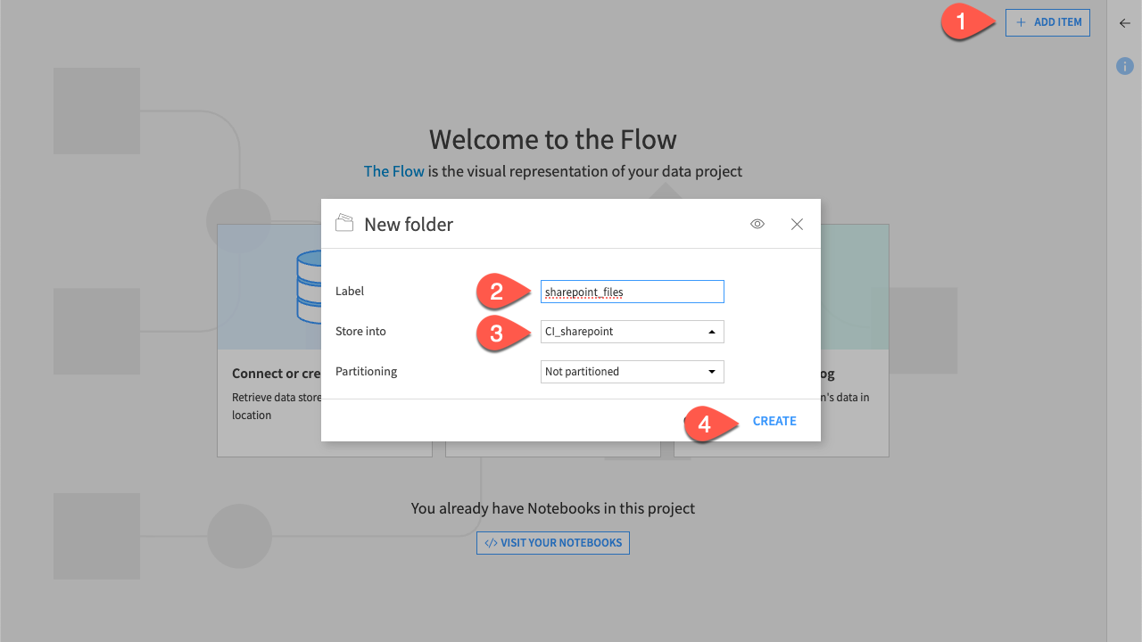 Dataiku screenshot of the SharePoint folder creation.