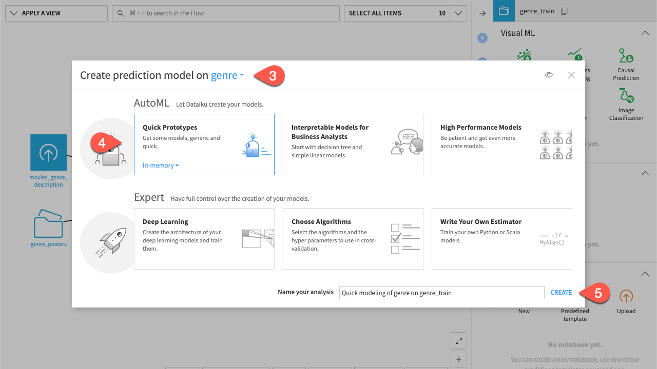 Dataiku screenshot of the creation of an analysis in the lab.