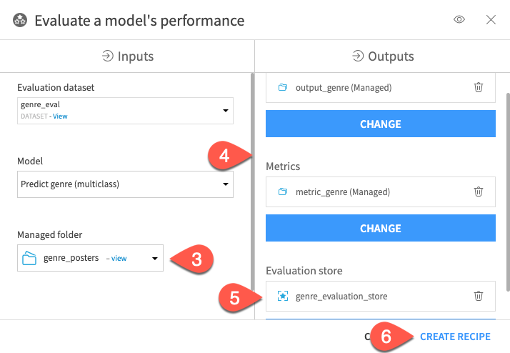 Dataiku screenshot of the evaluation inputs and outputs.