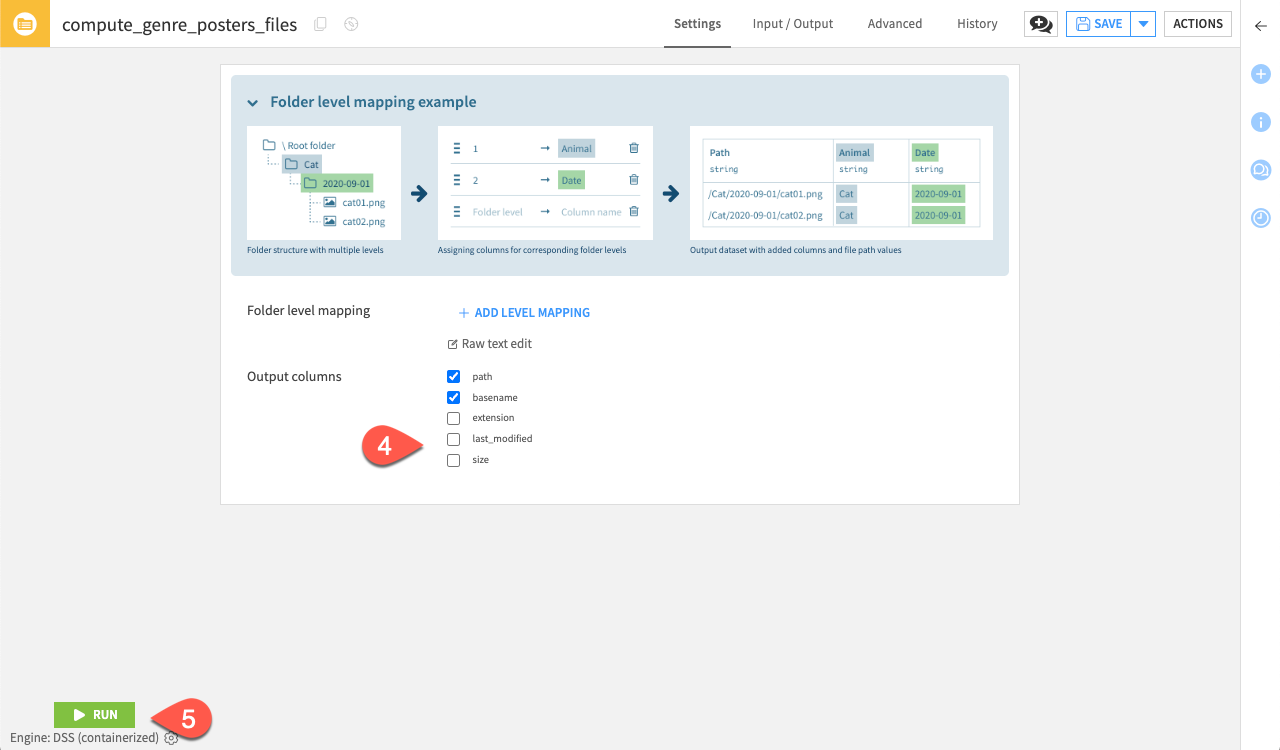Dataiku screenshot of the list content recipe settings.