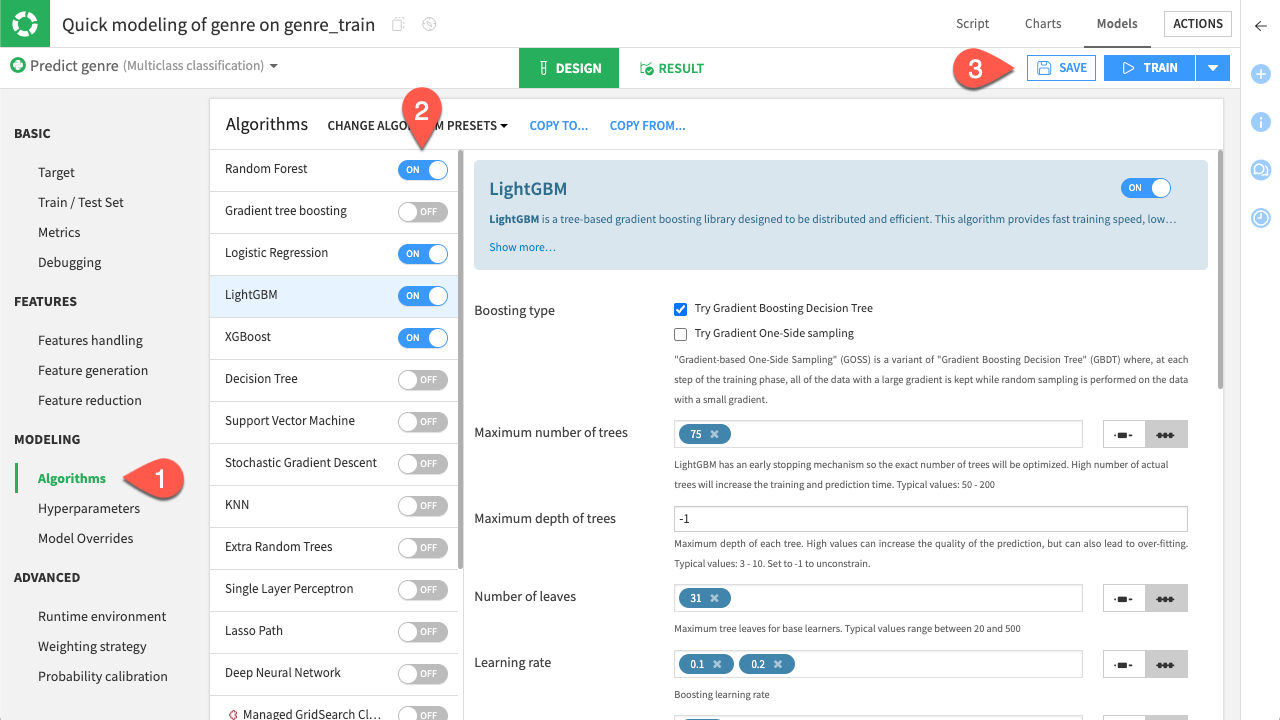 Dataiku screenshot of predictive model selection.