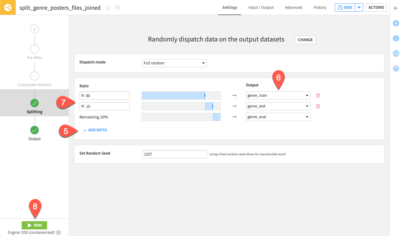 Dataiku screenshot of the split recipe.