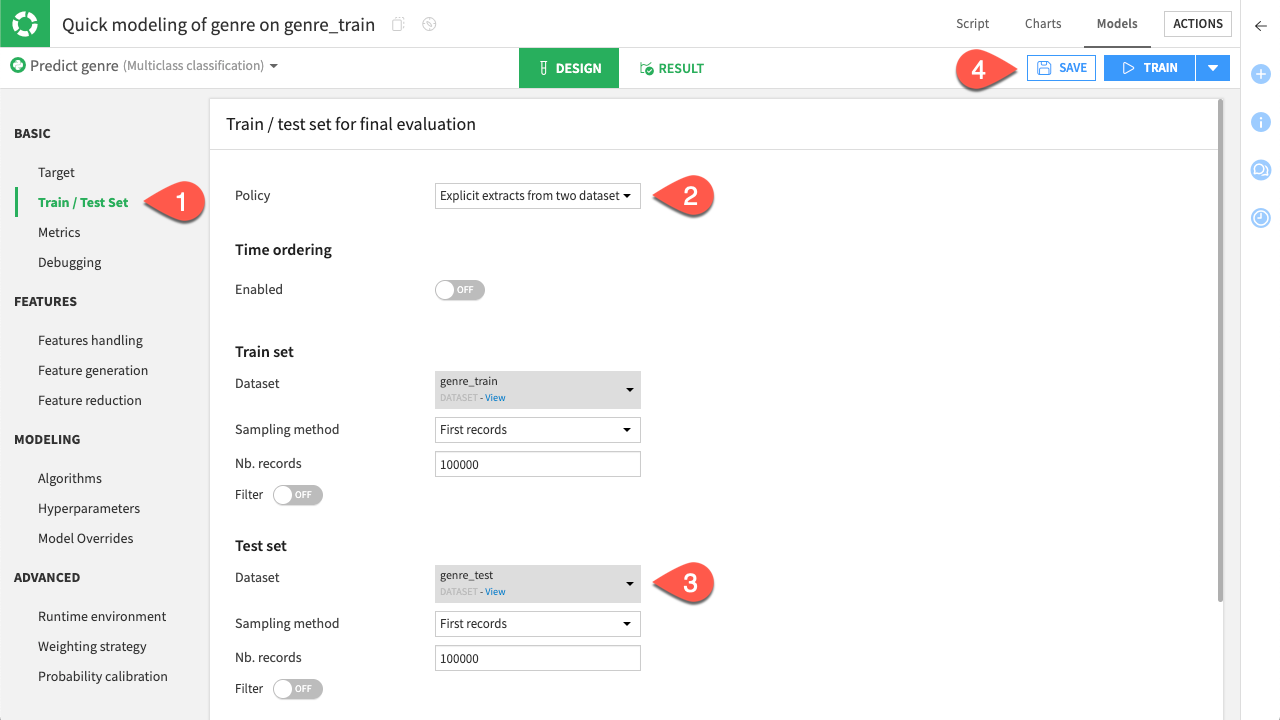 Dataiku screenshot of training parameters set.