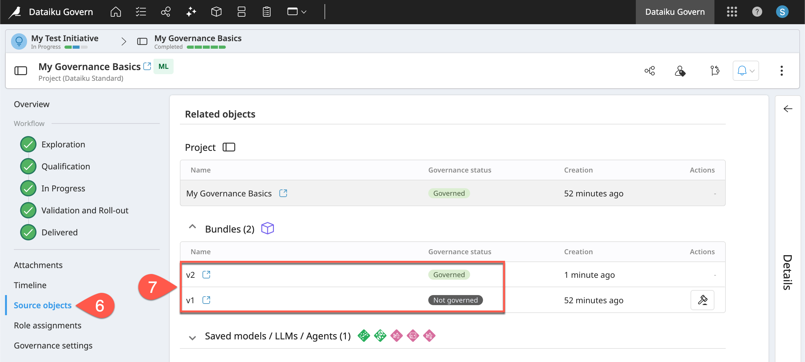 Dataiku screenshot of the Source objects panel of a governed project showing two bundles.