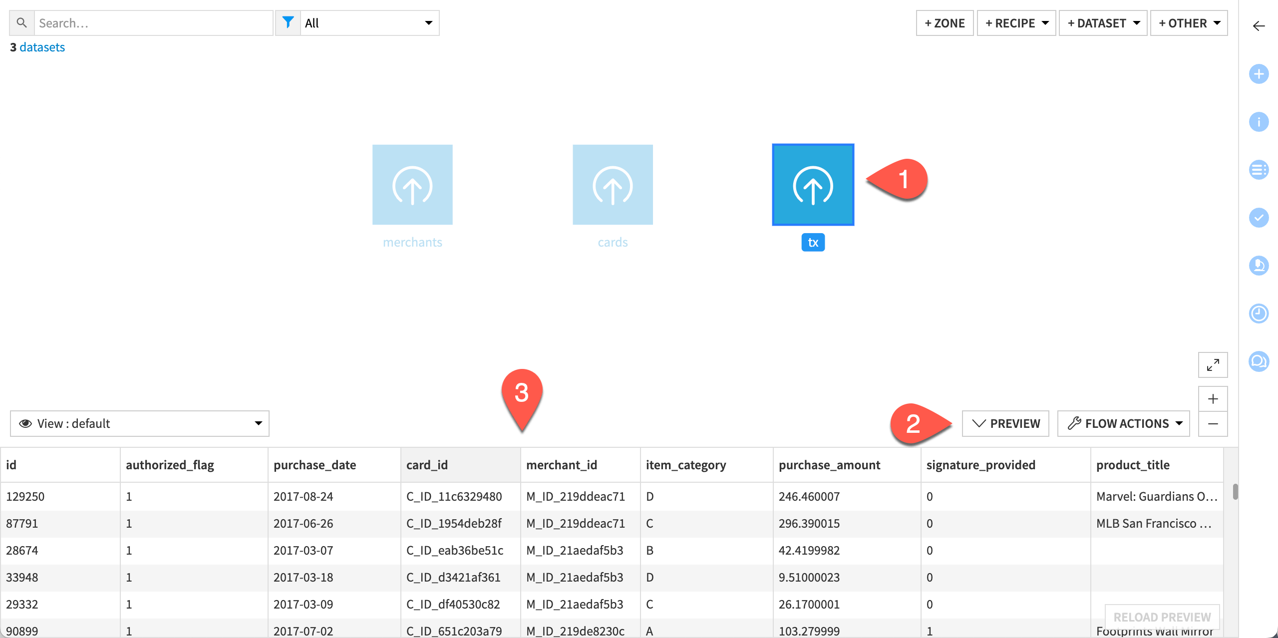 Screenshot of the tx dataset preview in the Flow.