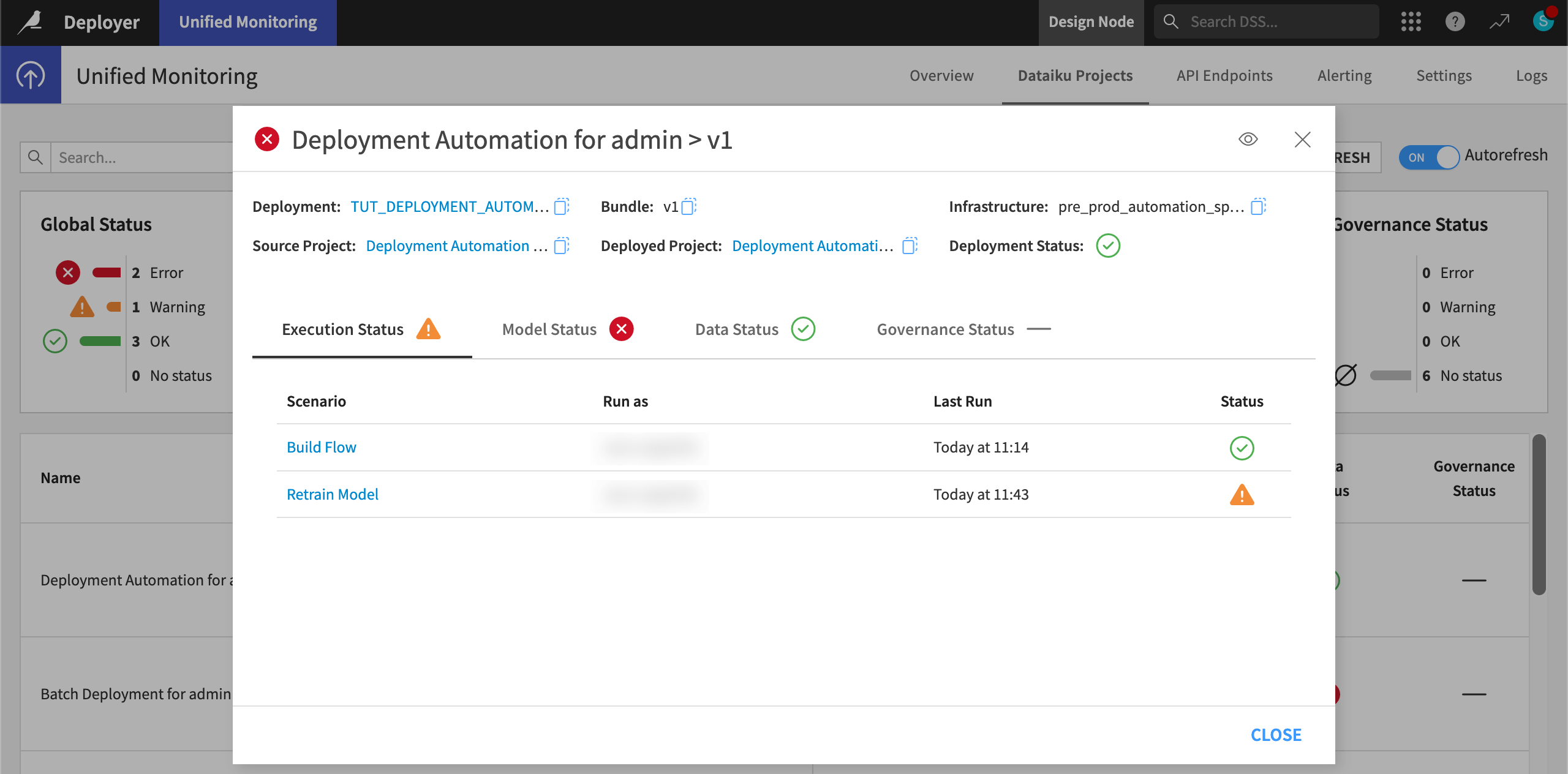 Dataiku screenshot of a deployment in the Unified Monitoring page.