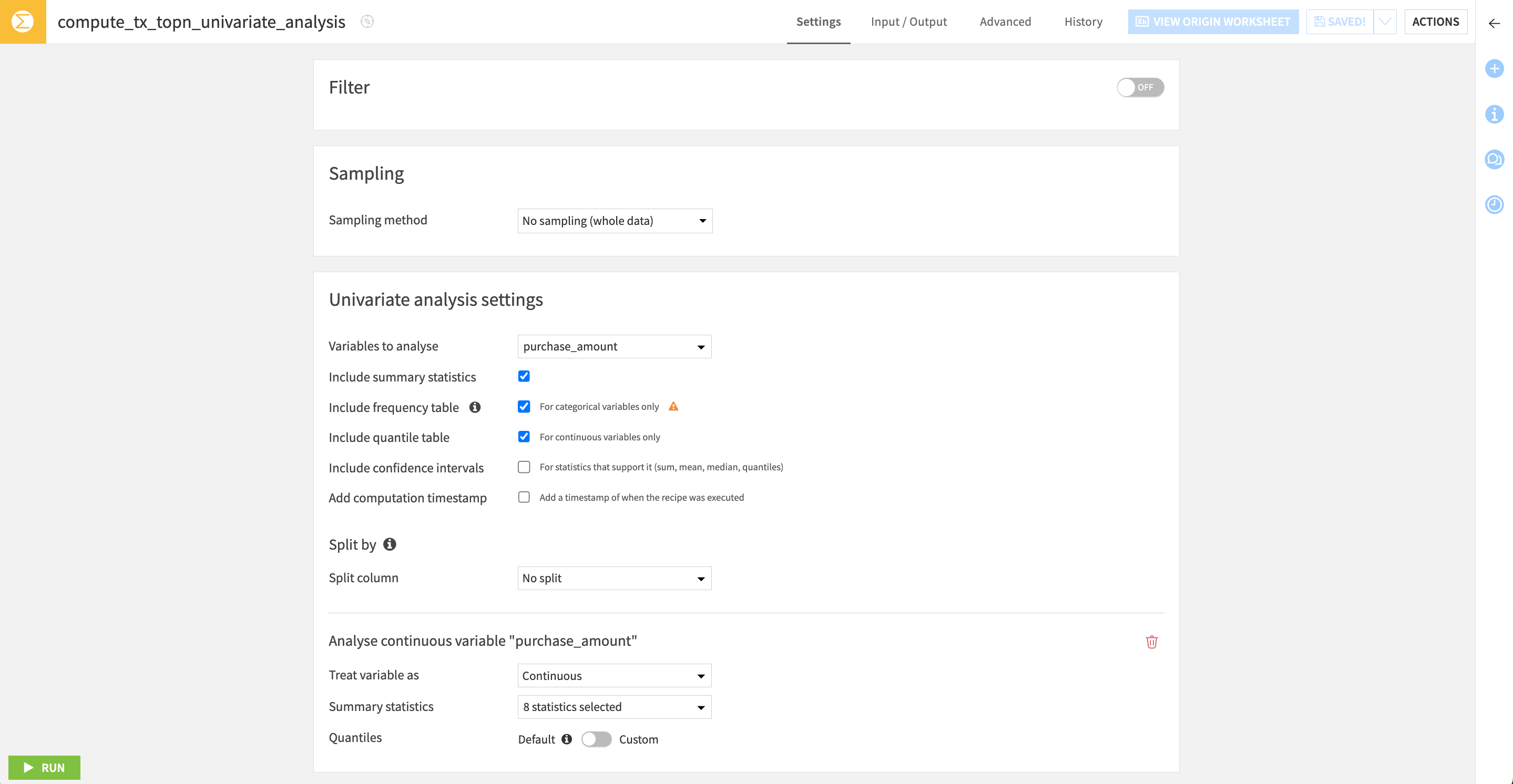 Dataiku screenshot of the univariate analysis recipe configuration page.