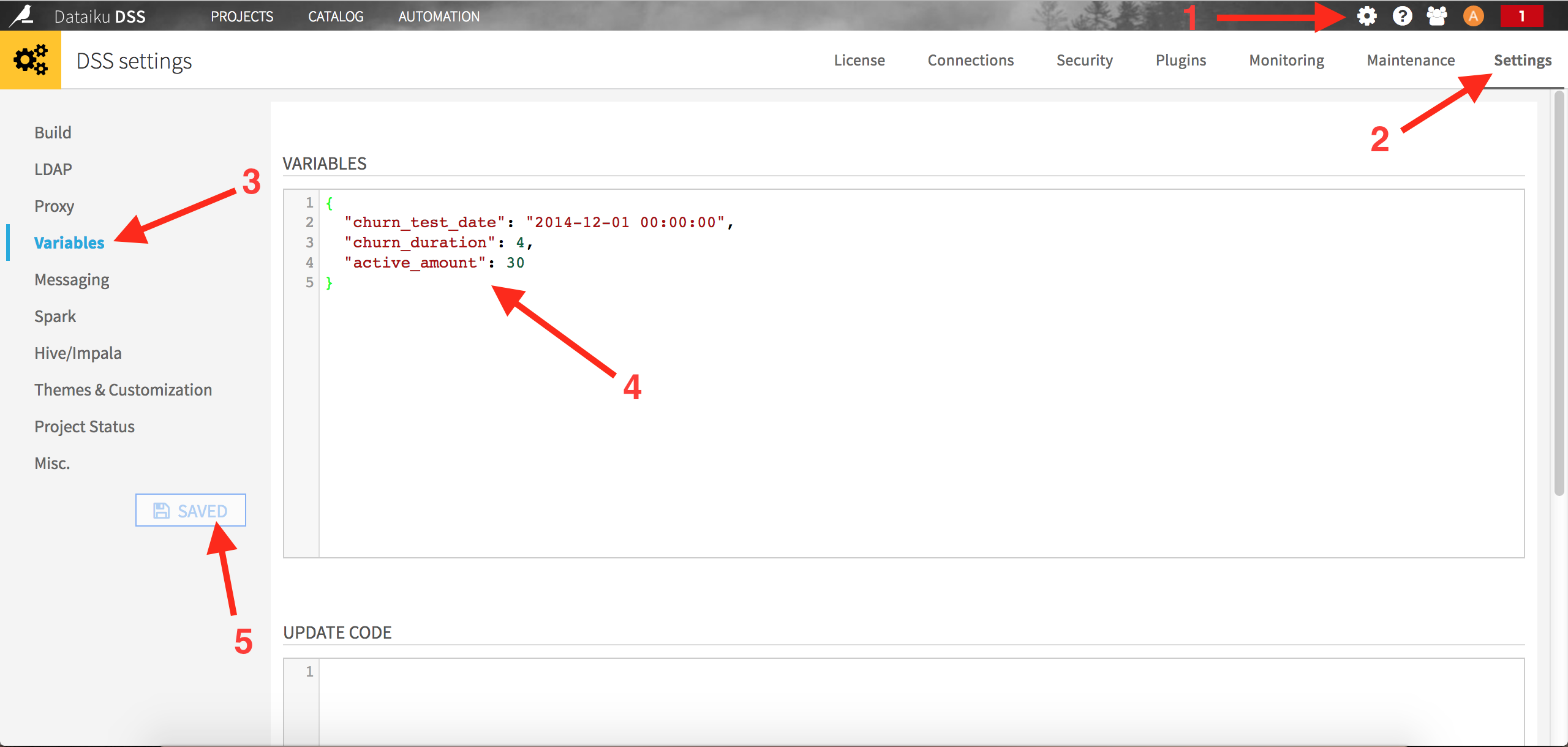 Screenshot with arrows on: 1 gear icon, 2 settings, 3 variables, 4 variables text box, 5 saved.