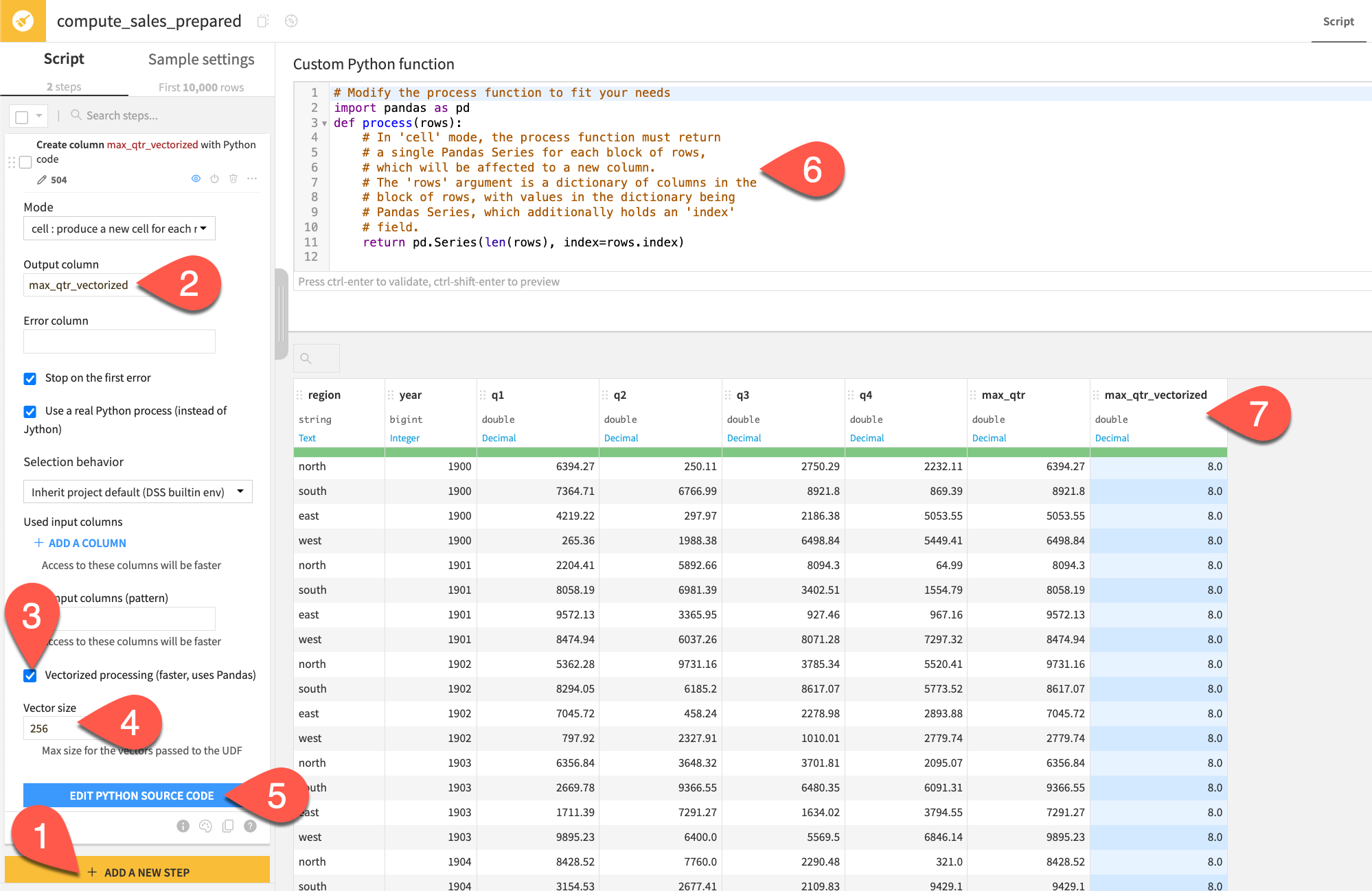 Dataiku screenshot of vectorized output of a Python function in cell mode.