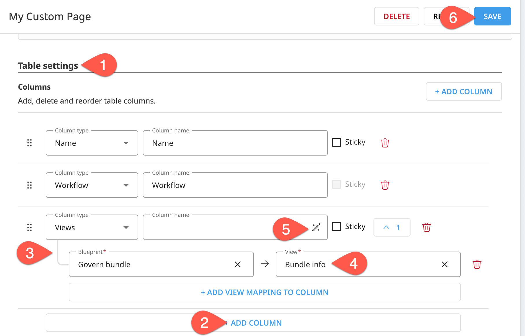 Dataiku screenshot of a custom page setting for a views column.