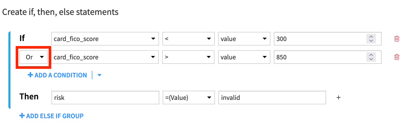 Dataiku screenshot of two if statements in a Prepare recipe.