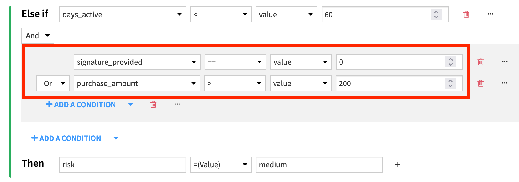 Dataiku screenshot of a nested conditional group.